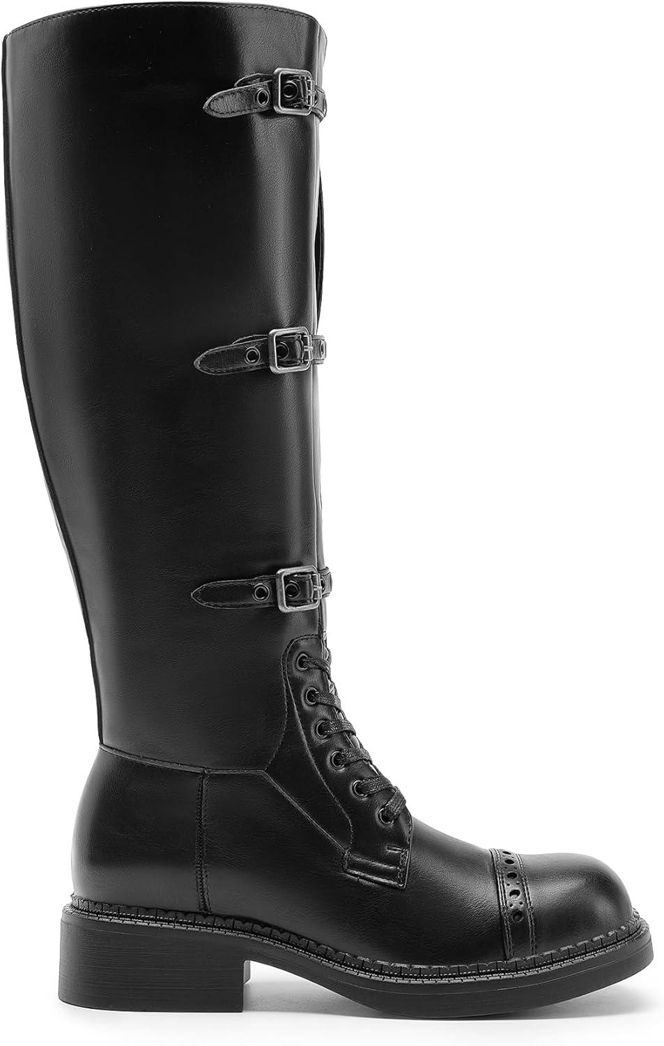 imageDREAM PAIRS Womens Knee High Boots Combat Boots Goth Boot Lace Up Adjustable Buckles Chunky Low Heel Fall Booties with Side Zipper to Put on and offBlack