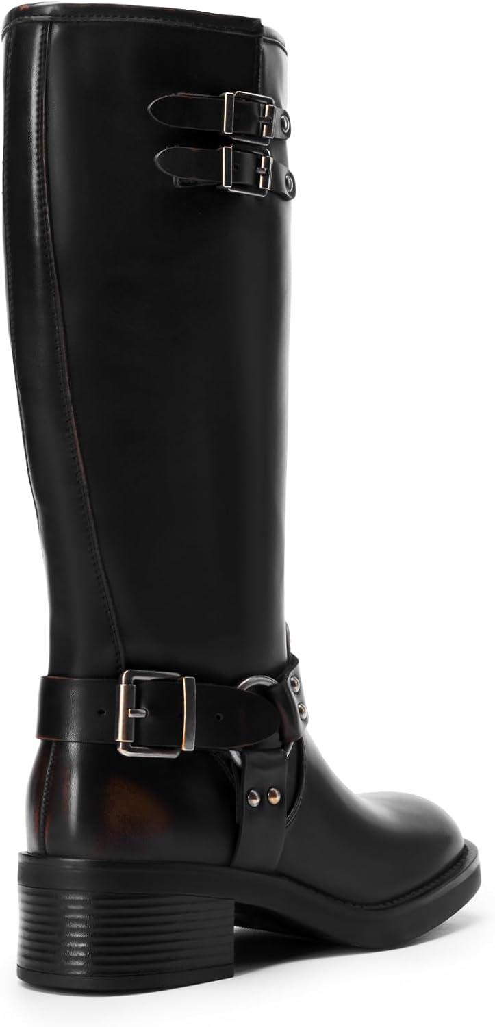 imageDREAM PAIRS Womens Knee High Boots Combat Boots Goth Boot Lace Up Adjustable Buckles Chunky Low Heel Fall Booties with Side Zipper to Put on and offBlackBrown