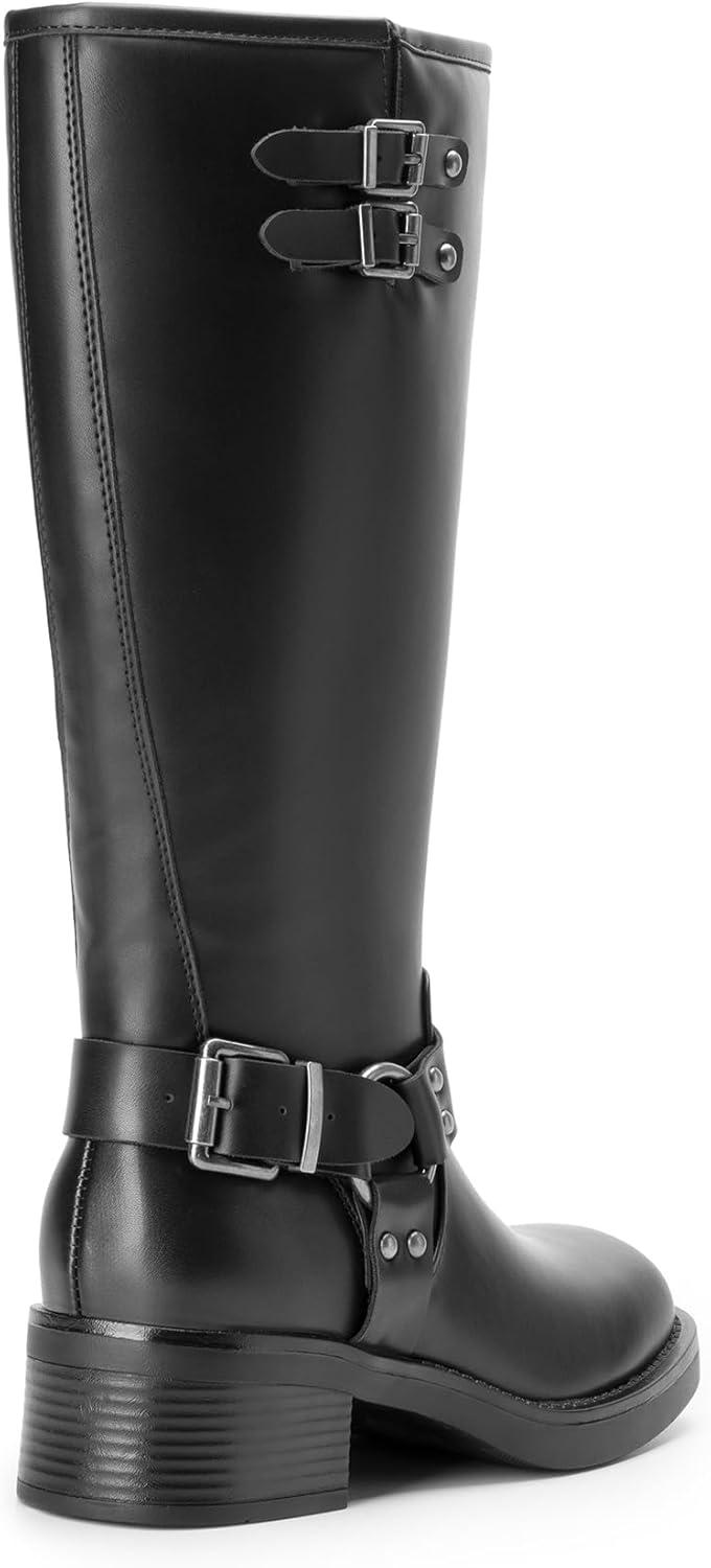 imageDREAM PAIRS Womens Knee High Boots Combat Boots Goth Boot Lace Up Adjustable Buckles Chunky Low Heel Fall Booties with Side Zipper to Put on and offBlackpu