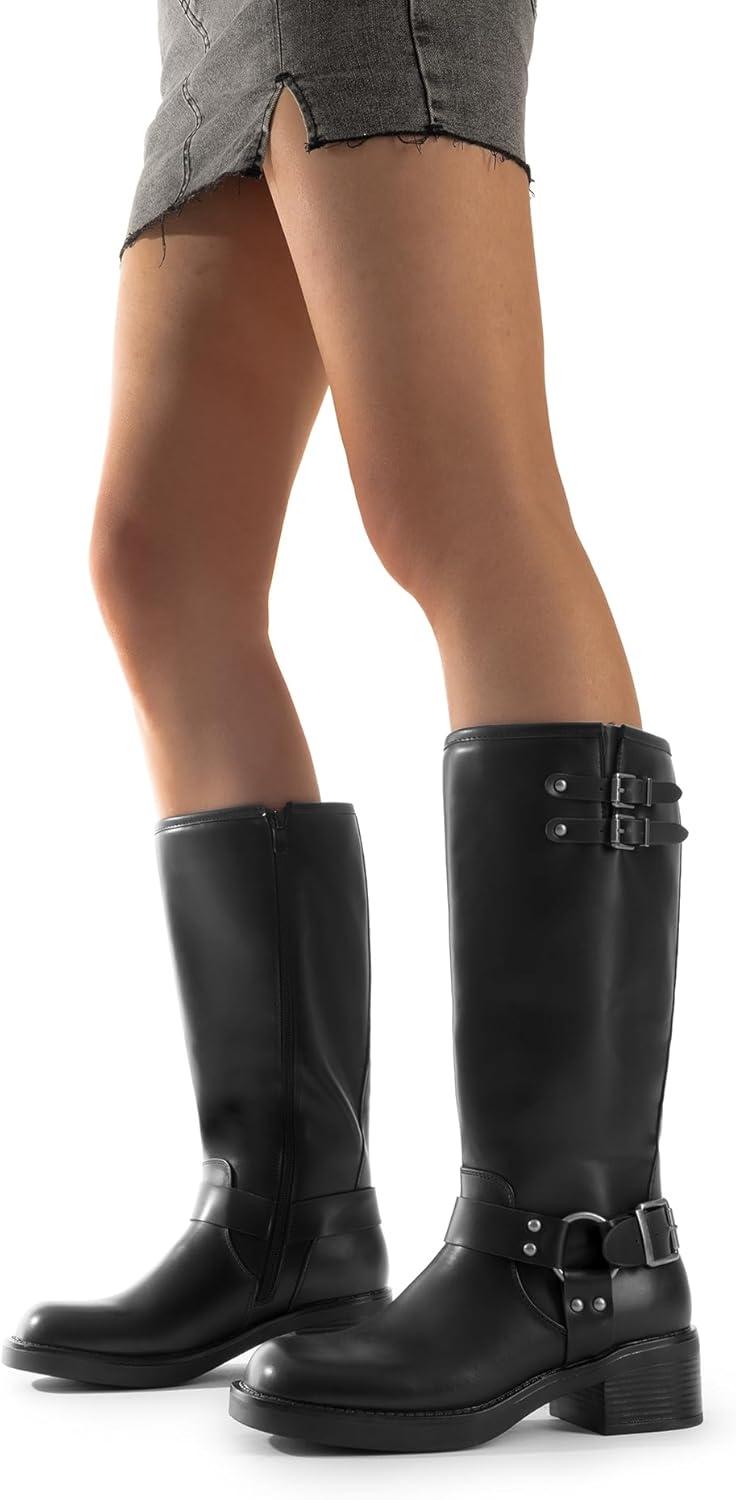 imageDREAM PAIRS Womens Knee High Boots Combat Boots Goth Boot Lace Up Adjustable Buckles Chunky Low Heel Fall Booties with Side Zipper to Put on and offBlackpu