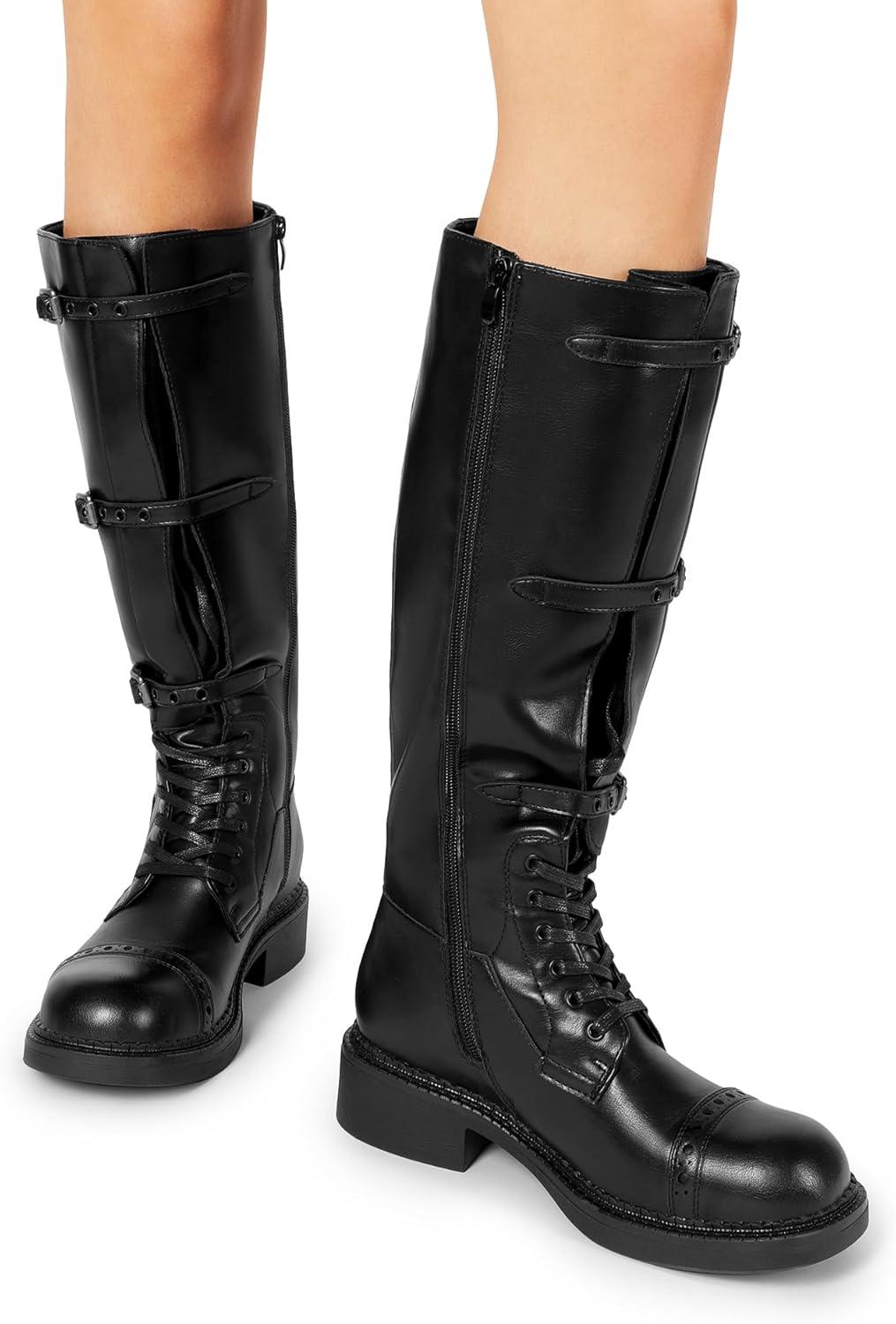 imageDREAM PAIRS Womens Knee High Boots Combat Boots Goth Boot Lace Up Adjustable Buckles Chunky Low Heel Fall Booties with Side Zipper to Put on and offBlack