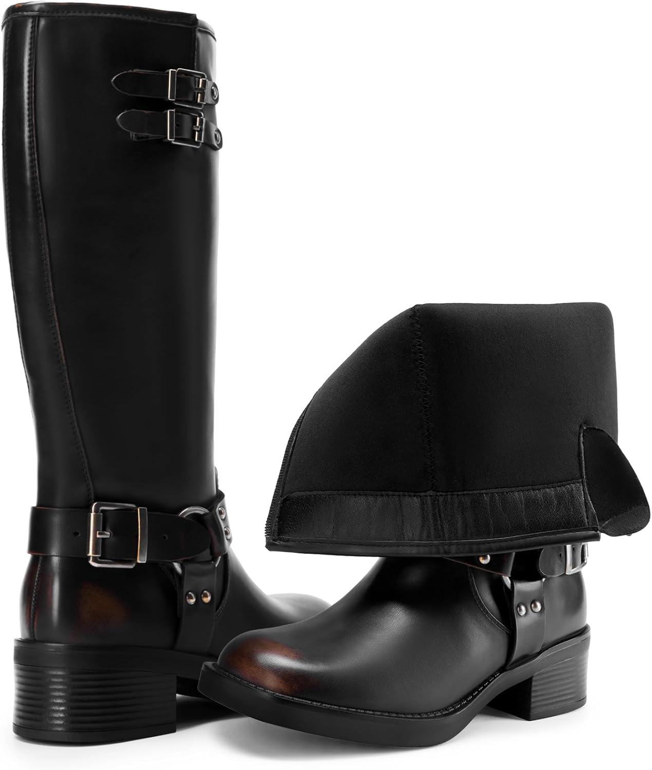 imageDREAM PAIRS Womens Knee High Boots Combat Boots Goth Boot Lace Up Adjustable Buckles Chunky Low Heel Fall Booties with Side Zipper to Put on and offBlackBrown