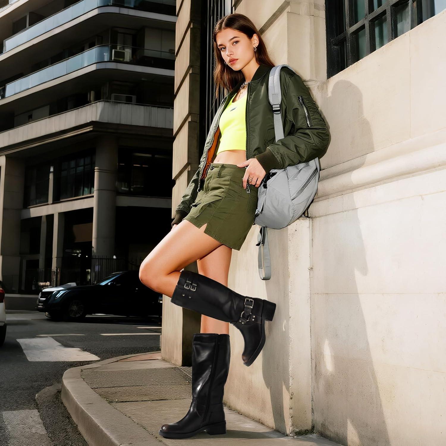 imageDREAM PAIRS Womens Knee High Boots Combat Boots Goth Boot Lace Up Adjustable Buckles Chunky Low Heel Fall Booties with Side Zipper to Put on and offBlackBrown