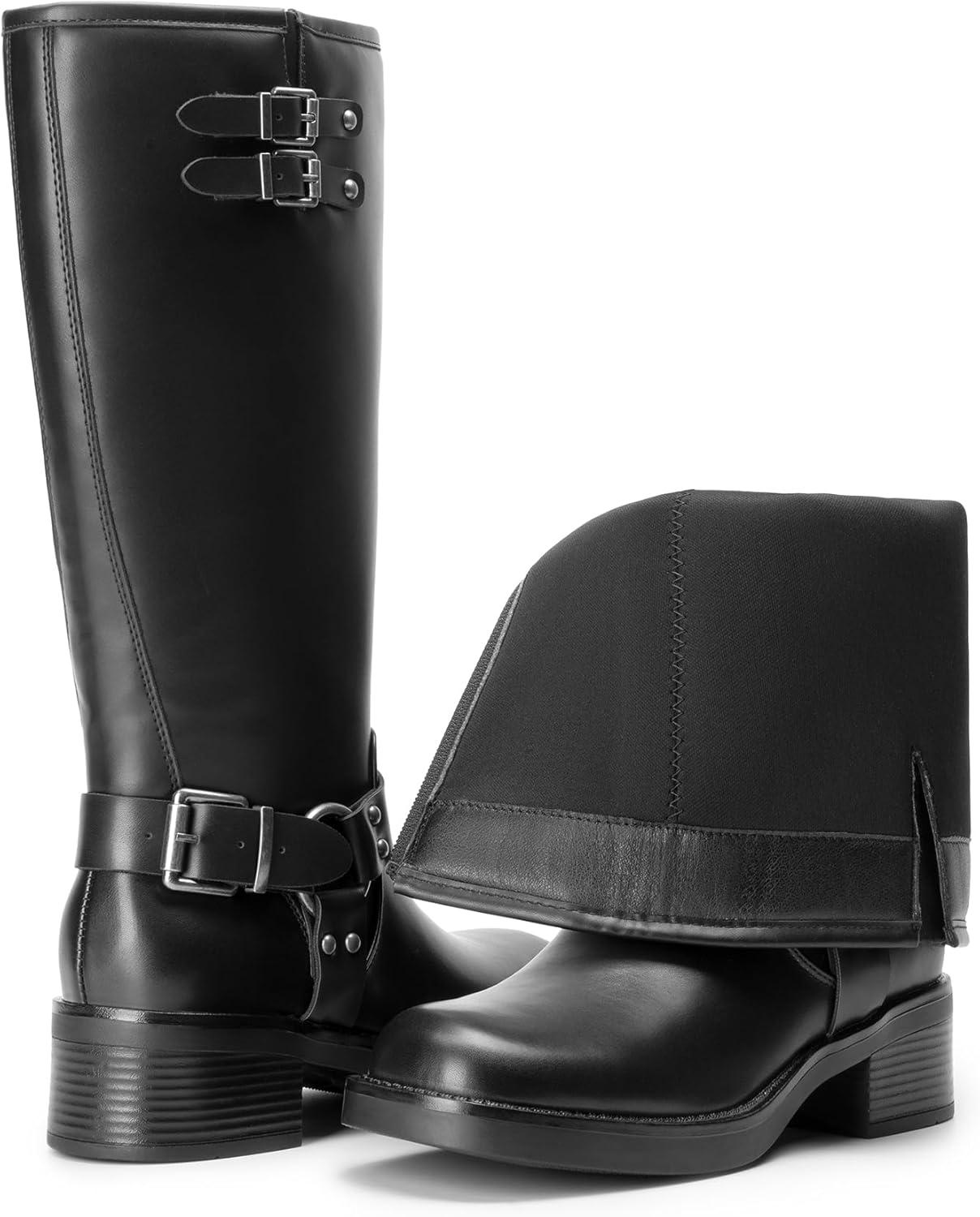 imageDREAM PAIRS Womens Knee High Boots Combat Boots Goth Boot Lace Up Adjustable Buckles Chunky Low Heel Fall Booties with Side Zipper to Put on and offBlackpu