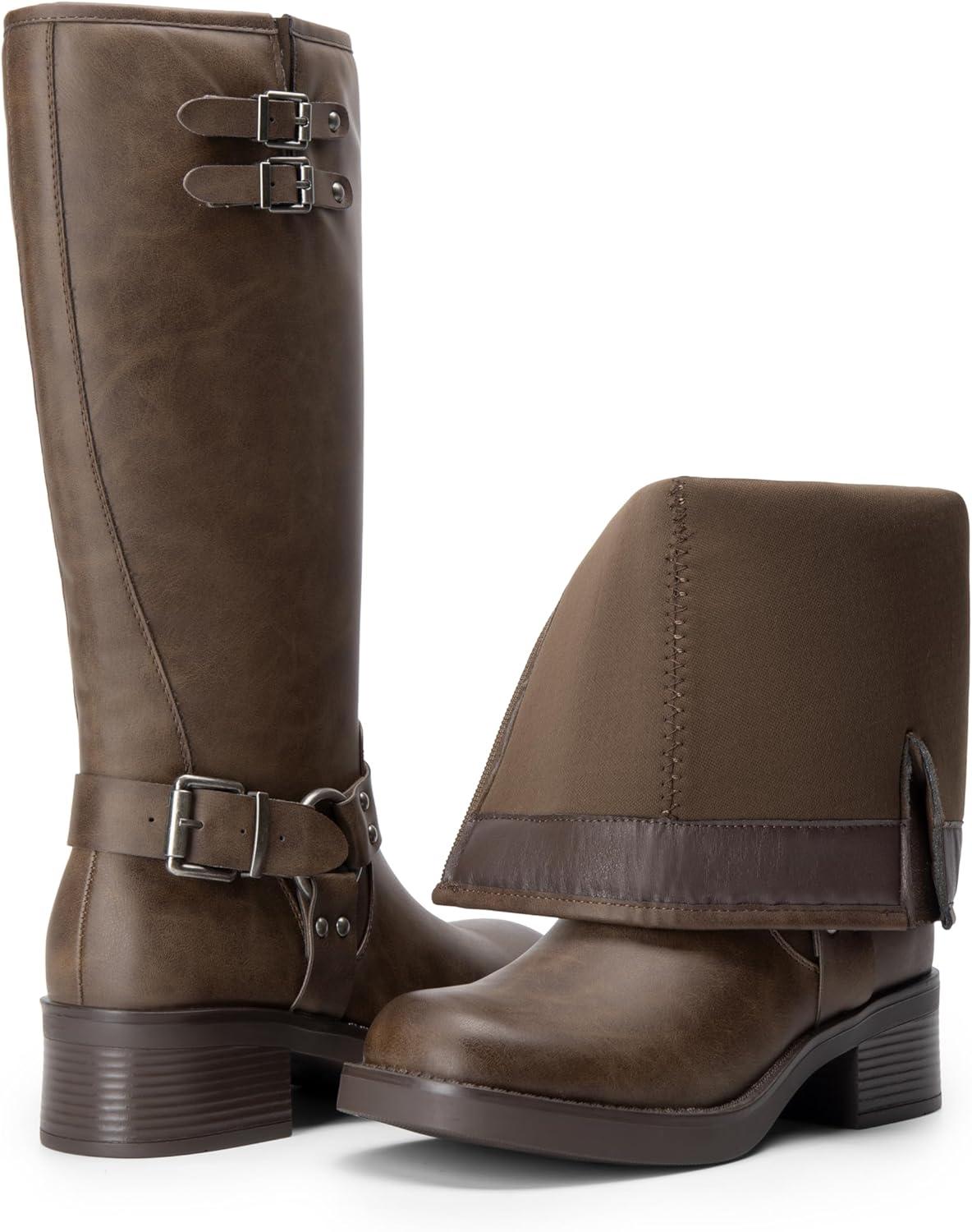 imageDREAM PAIRS Womens Knee High Boots Combat Boots Goth Boot Lace Up Adjustable Buckles Chunky Low Heel Fall Booties with Side Zipper to Put on and offBrownnubuck