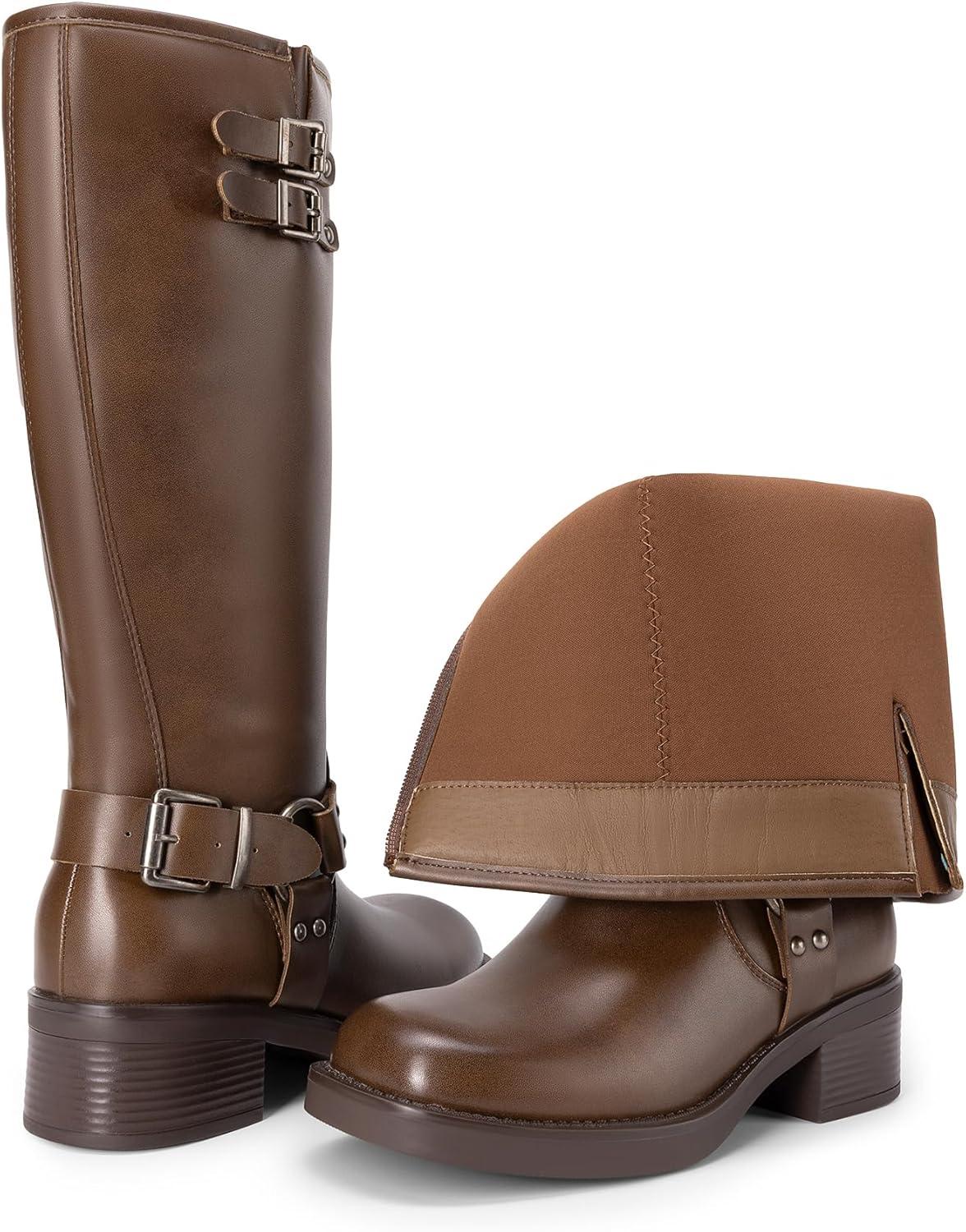 imageDREAM PAIRS Womens Knee High Boots Combat Boots Goth Boot Lace Up Adjustable Buckles Chunky Low Heel Fall Booties with Side Zipper to Put on and offBrownpu