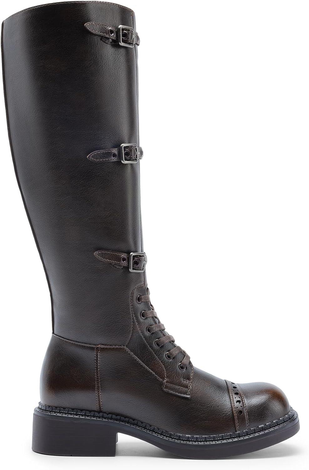 imageDREAM PAIRS Womens Knee High Boots Combat Boots Goth Boot Lace Up Adjustable Buckles Chunky Low Heel Fall Booties with Side Zipper to Put on and offBrown