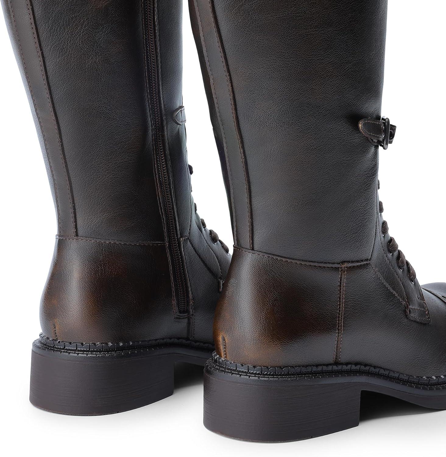 imageDREAM PAIRS Womens Knee High Boots Combat Boots Goth Boot Lace Up Adjustable Buckles Chunky Low Heel Fall Booties with Side Zipper to Put on and offBrown