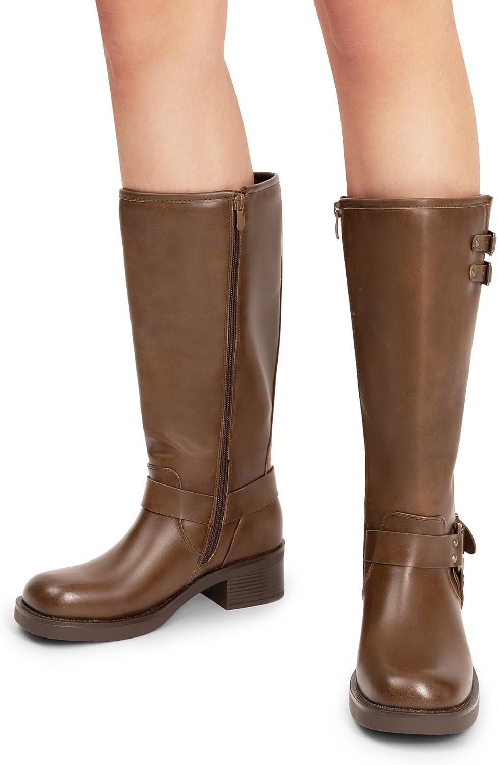 imageDREAM PAIRS Womens Knee High Boots Combat Boots Goth Boot Lace Up Adjustable Buckles Chunky Low Heel Fall Booties with Side Zipper to Put on and offBrownpu