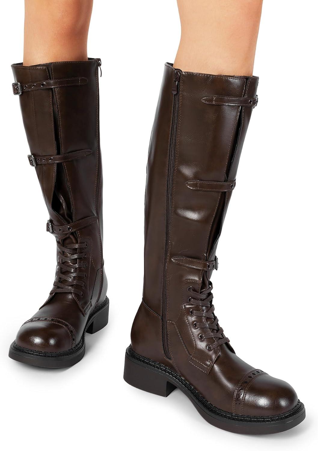 imageDREAM PAIRS Womens Knee High Boots Combat Boots Goth Boot Lace Up Adjustable Buckles Chunky Low Heel Fall Booties with Side Zipper to Put on and offBrown