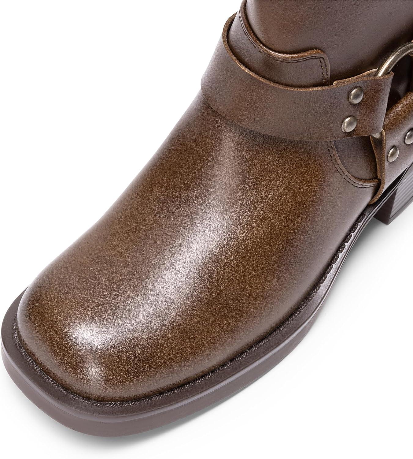 imageDREAM PAIRS Womens Knee High Boots Combat Boots Goth Boot Lace Up Adjustable Buckles Chunky Low Heel Fall Booties with Side Zipper to Put on and offBrownpu