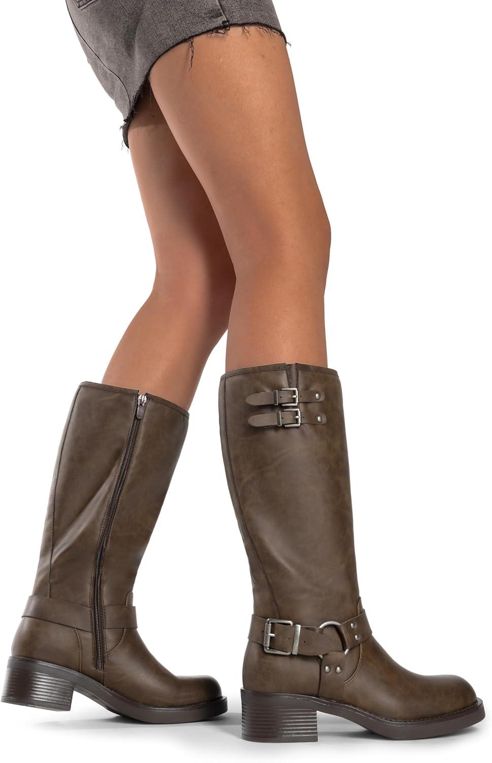 imageDREAM PAIRS Womens Knee High Boots Combat Boots Goth Boot Lace Up Adjustable Buckles Chunky Low Heel Fall Booties with Side Zipper to Put on and offBrownnubuck