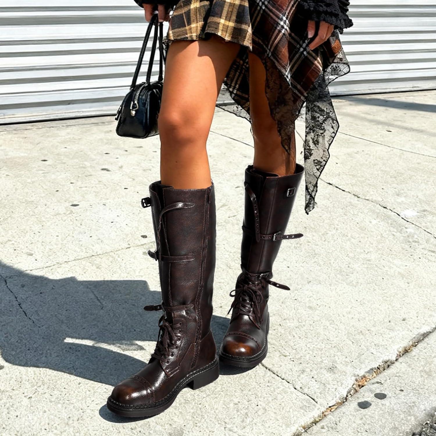 imageDREAM PAIRS Womens Knee High Boots Combat Boots Goth Boot Lace Up Adjustable Buckles Chunky Low Heel Fall Booties with Side Zipper to Put on and offBrown