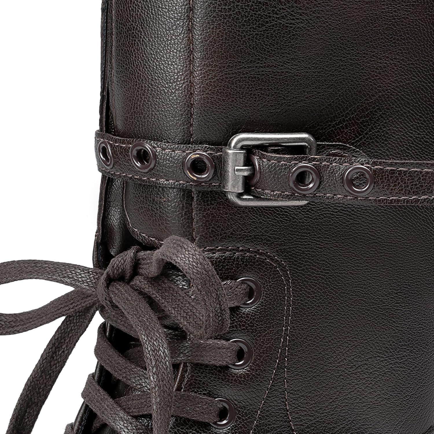 imageDREAM PAIRS Womens Knee High Boots Combat Boots Goth Boot Lace Up Adjustable Buckles Chunky Low Heel Fall Booties with Side Zipper to Put on and offBrown