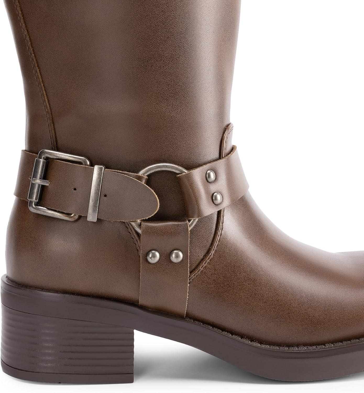 imageDREAM PAIRS Womens Knee High Boots Combat Boots Goth Boot Lace Up Adjustable Buckles Chunky Low Heel Fall Booties with Side Zipper to Put on and offBrownpu