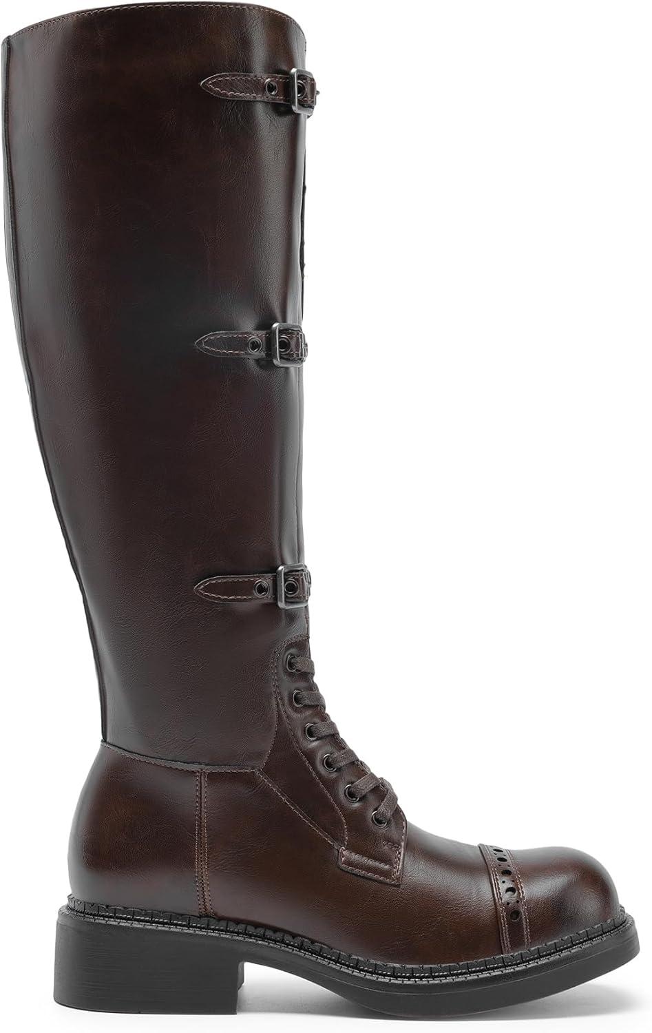 imageDREAM PAIRS Womens Knee High Boots Combat Boots Goth Boot Lace Up Adjustable Buckles Chunky Low Heel Fall Booties with Side Zipper to Put on and offDark Brown