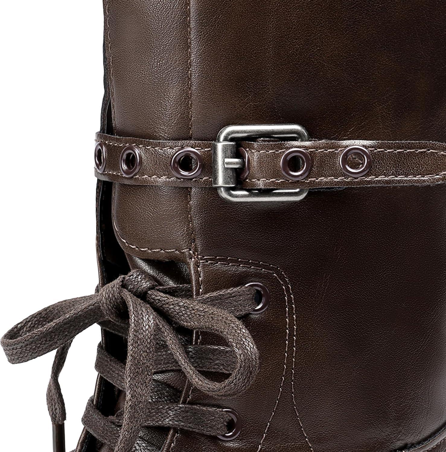 imageDREAM PAIRS Womens Knee High Boots Combat Boots Goth Boot Lace Up Adjustable Buckles Chunky Low Heel Fall Booties with Side Zipper to Put on and offDark Brown