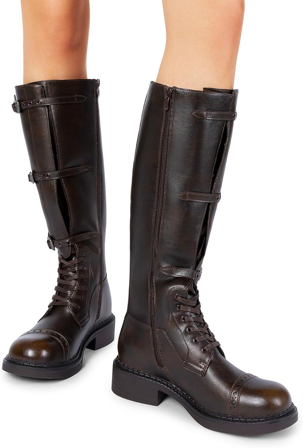 imageDREAM PAIRS Womens Knee High Boots Combat Boots Goth Boot Lace Up Adjustable Buckles Chunky Low Heel Fall Booties with Side Zipper to Put on and offDark Brown