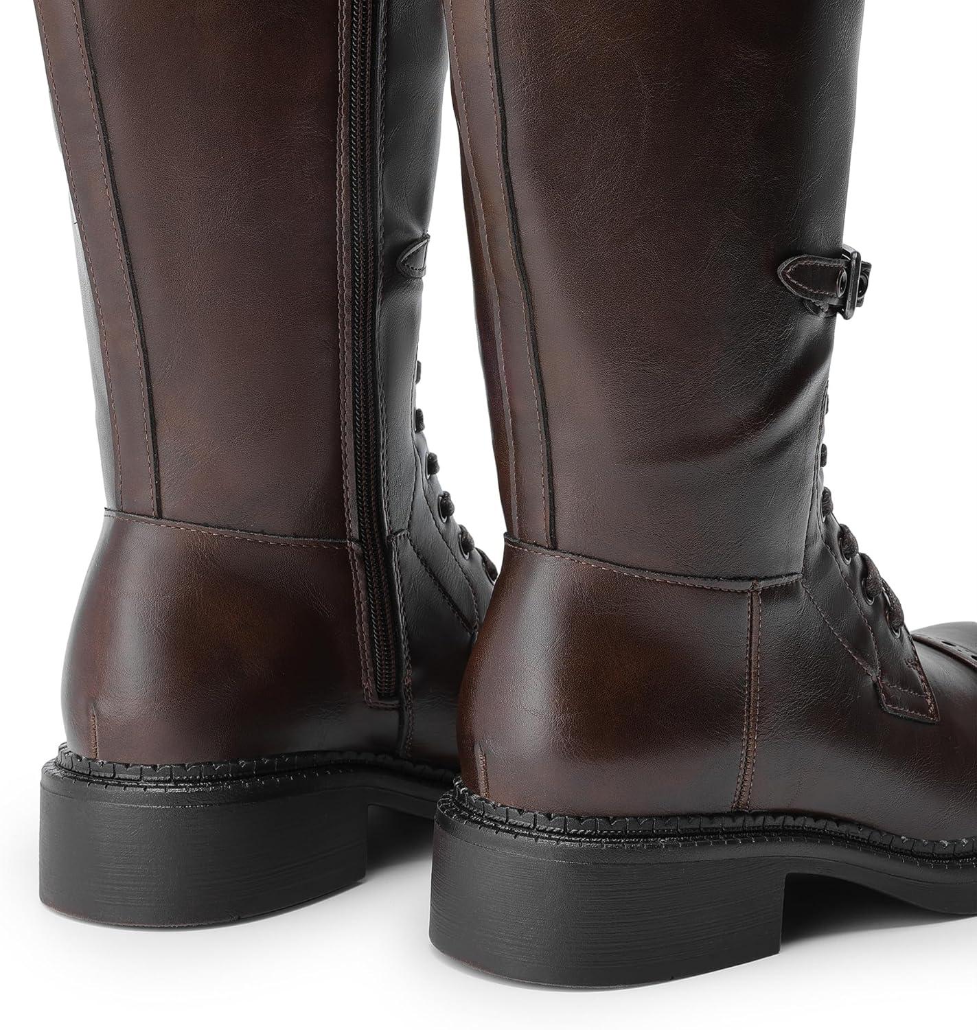 imageDREAM PAIRS Womens Knee High Boots Combat Boots Goth Boot Lace Up Adjustable Buckles Chunky Low Heel Fall Booties with Side Zipper to Put on and offDark Brown