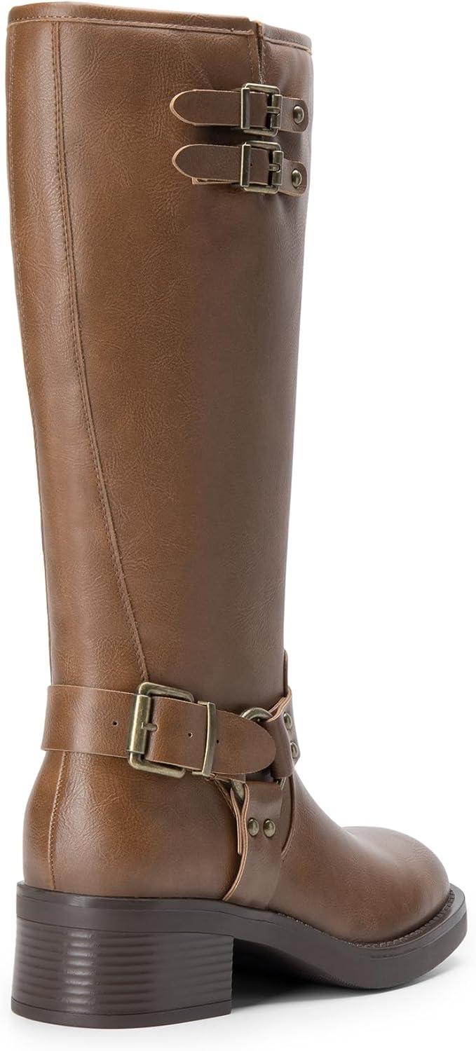 imageDREAM PAIRS Womens Knee High Boots Combat Boots Goth Boot Lace Up Adjustable Buckles Chunky Low Heel Fall Booties with Side Zipper to Put on and offTanpu