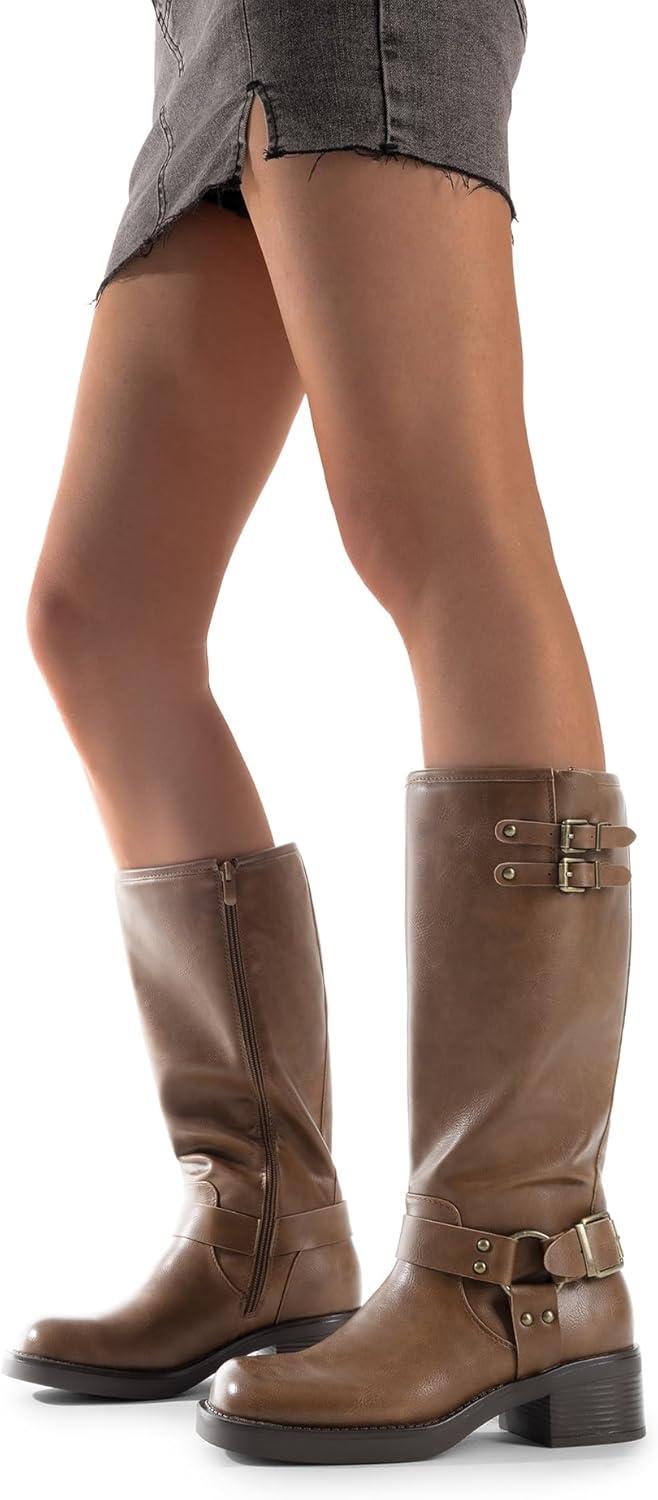 imageDREAM PAIRS Womens Knee High Boots Combat Boots Goth Boot Lace Up Adjustable Buckles Chunky Low Heel Fall Booties with Side Zipper to Put on and offTanpu