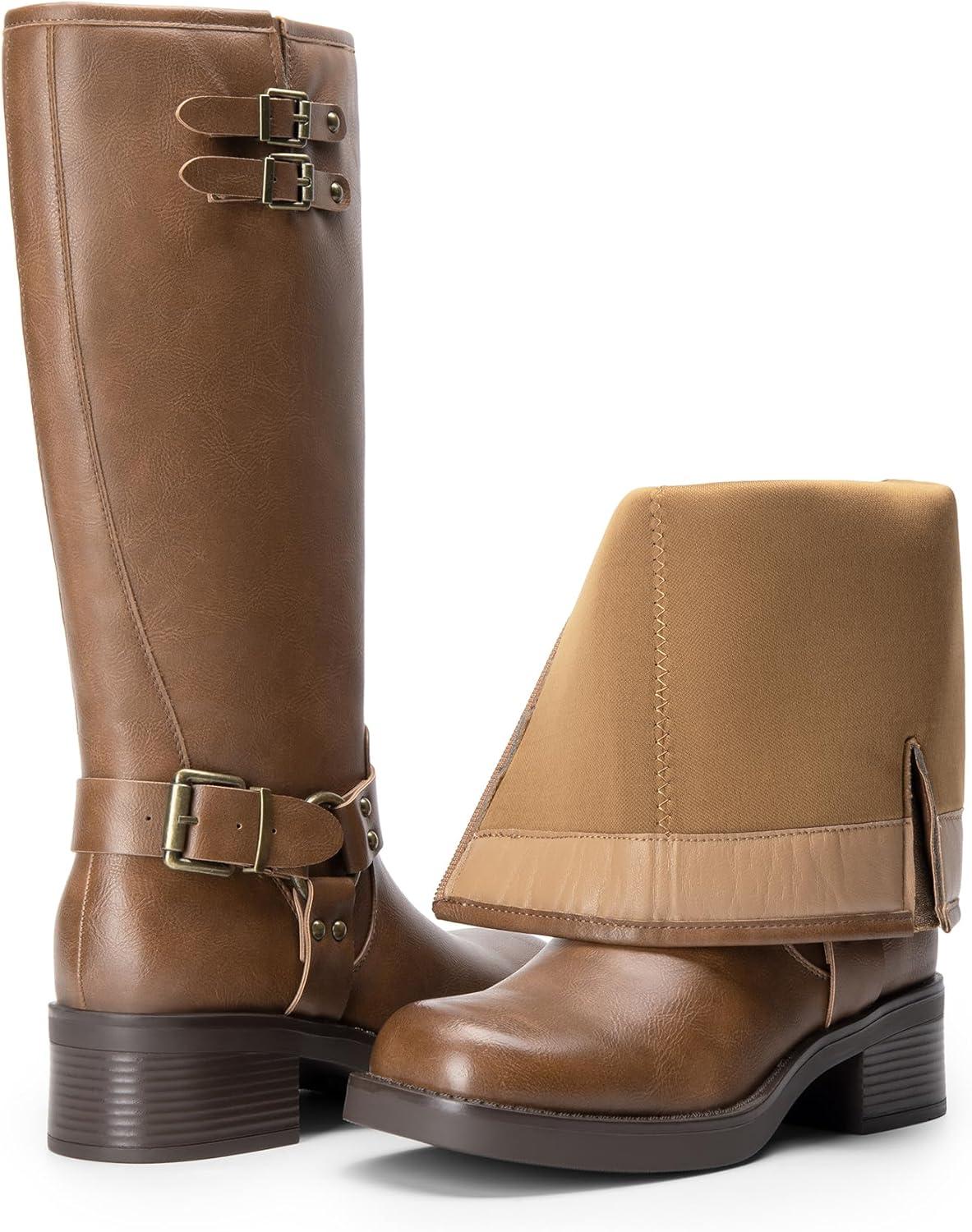 imageDREAM PAIRS Womens Knee High Boots Combat Boots Goth Boot Lace Up Adjustable Buckles Chunky Low Heel Fall Booties with Side Zipper to Put on and offTanpu