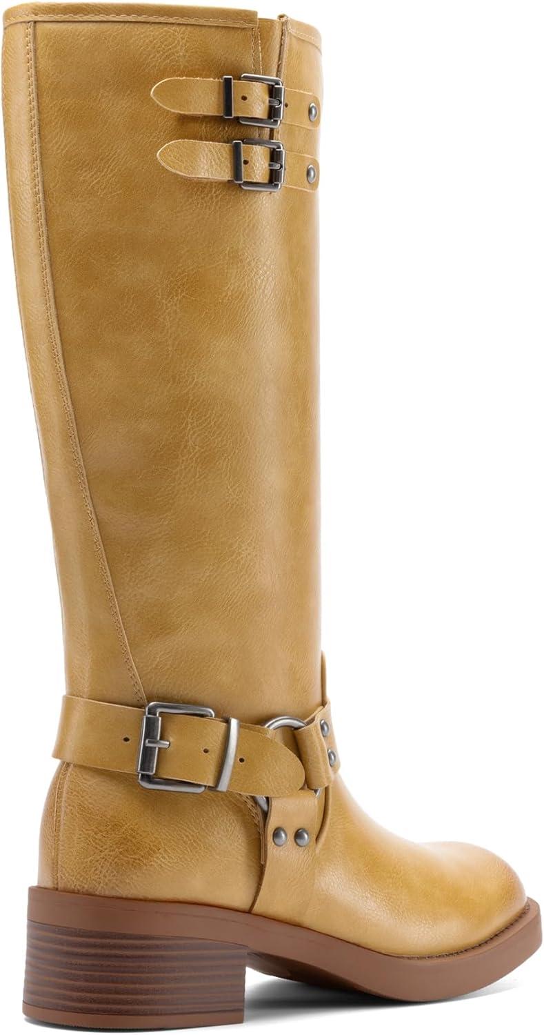 imageDREAM PAIRS Womens Knee High Boots Combat Boots Goth Boot Lace Up Adjustable Buckles Chunky Low Heel Fall Booties with Side Zipper to Put on and offYellow