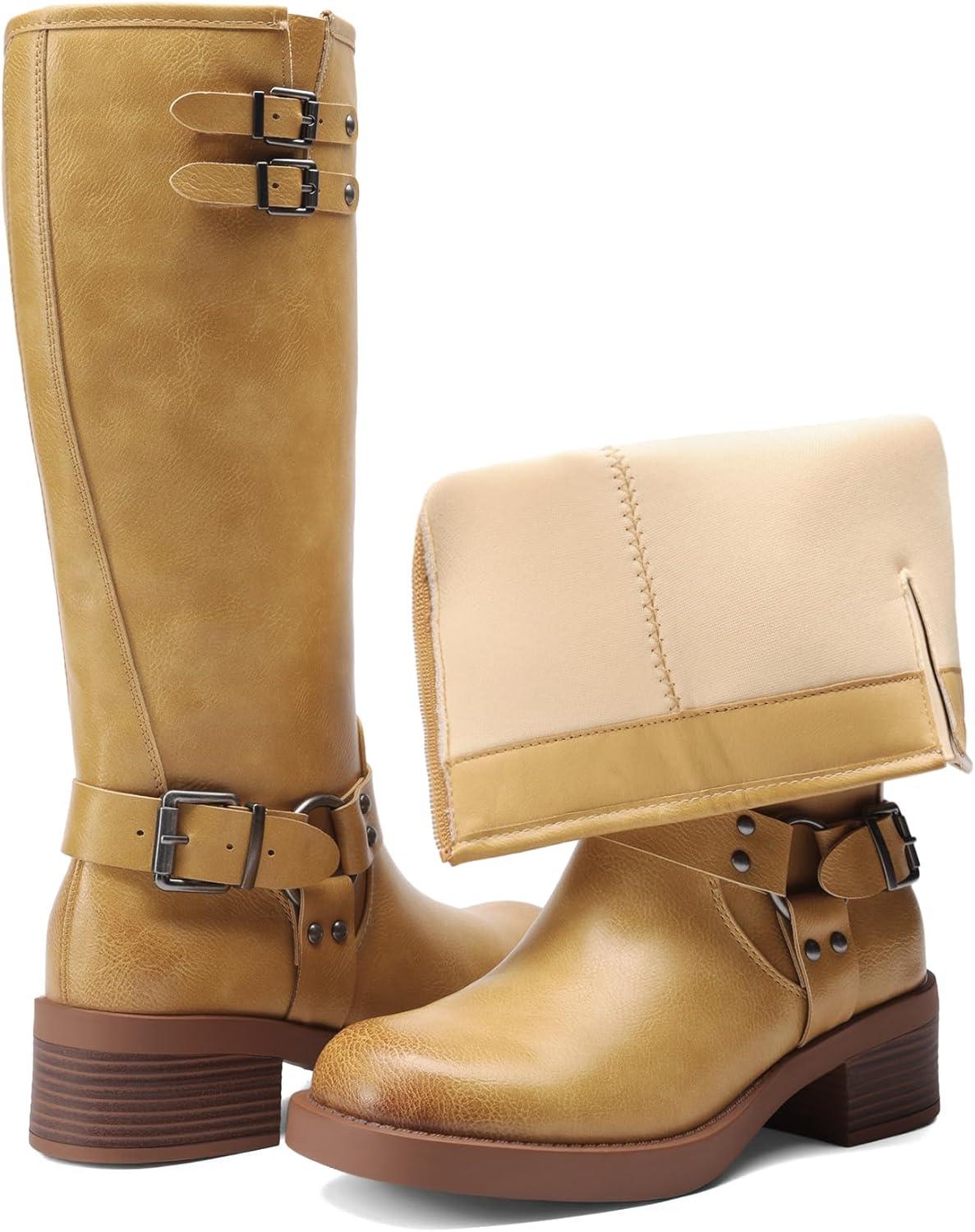 imageDREAM PAIRS Womens Knee High Boots Combat Boots Goth Boot Lace Up Adjustable Buckles Chunky Low Heel Fall Booties with Side Zipper to Put on and offYellow