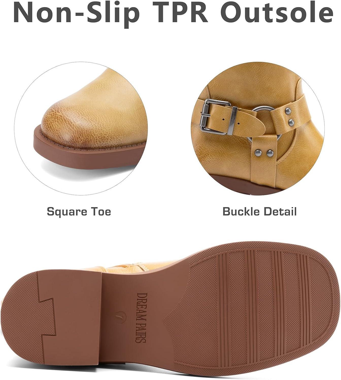 imageDREAM PAIRS Womens Knee High Boots Combat Boots Goth Boot Lace Up Adjustable Buckles Chunky Low Heel Fall Booties with Side Zipper to Put on and offYellow