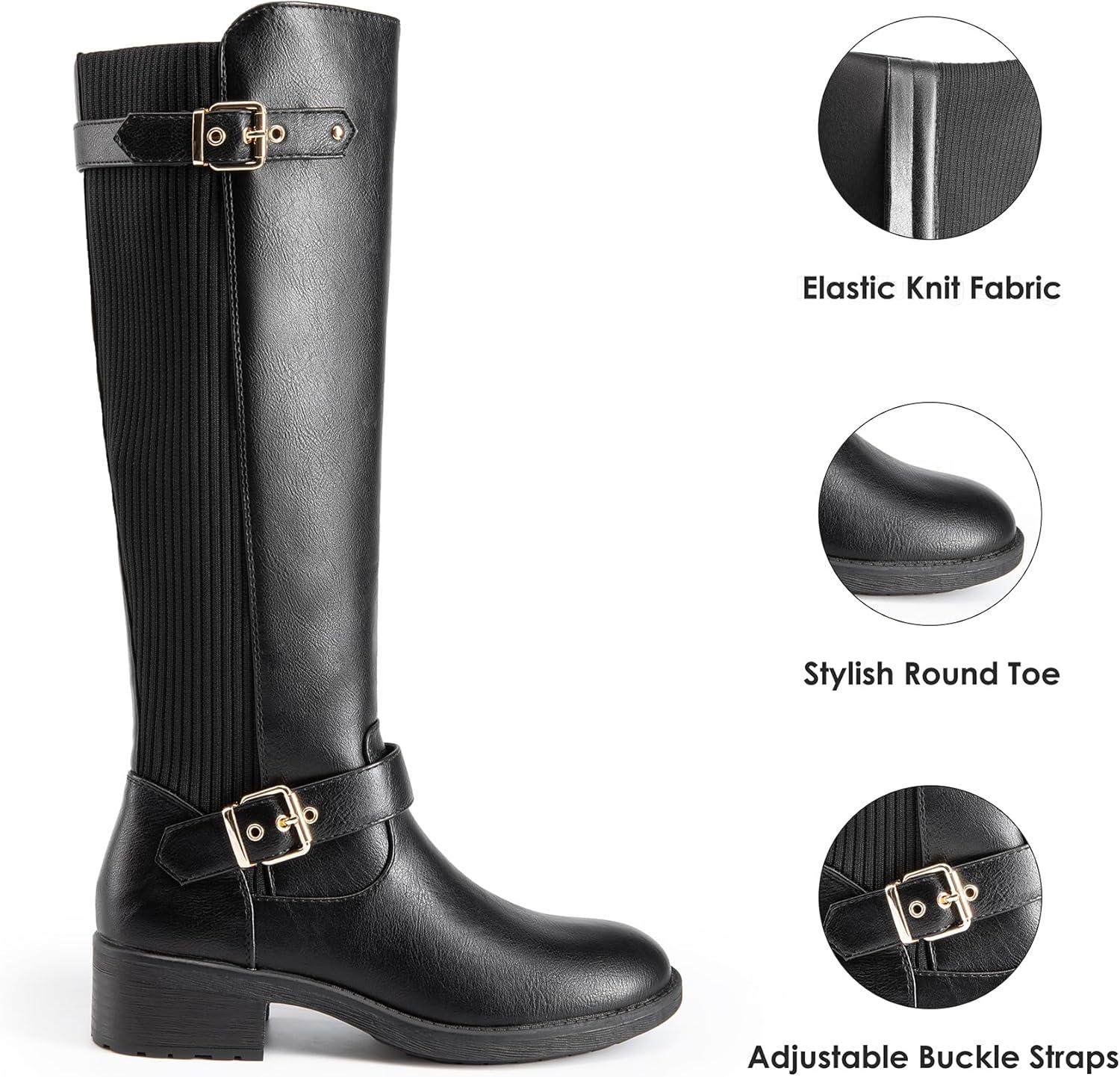 imageDREAM PAIRS Womens Knee High Boots Comfortable Elastic Knit Fabric Chunky Block Heel Round Toe Side Zipper Riding Biker Motorcycle Buckle BootsSize 85BLACKFABRICUTAH1