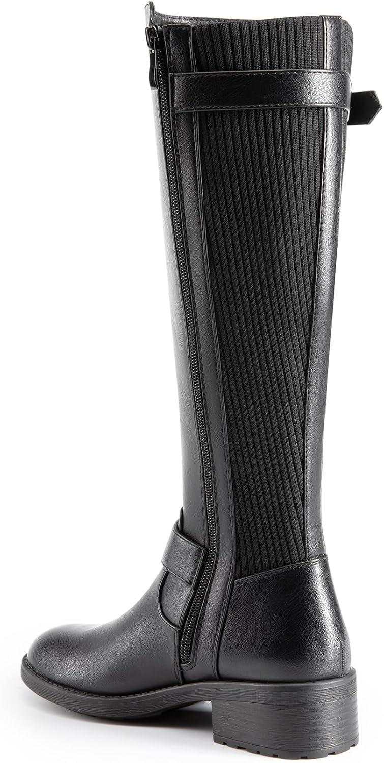 imageDREAM PAIRS Womens Knee High Boots Comfortable Elastic Knit Fabric Chunky Block Heel Round Toe Side Zipper Riding Biker Motorcycle Buckle BootsSize 85BLACKFABRICUTAH1