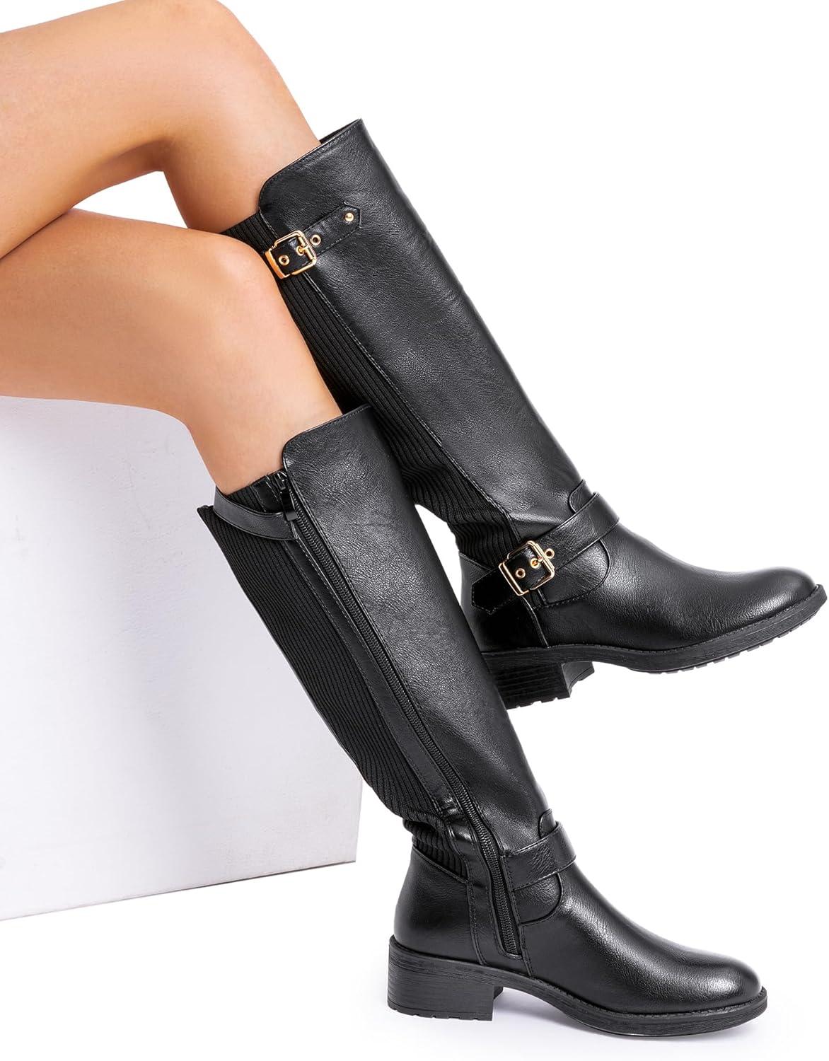 imageDREAM PAIRS Womens Knee High Boots Comfortable Elastic Knit Fabric Chunky Block Heel Round Toe Side Zipper Riding Biker Motorcycle Buckle BootsSize 85BLACKFABRICUTAH1