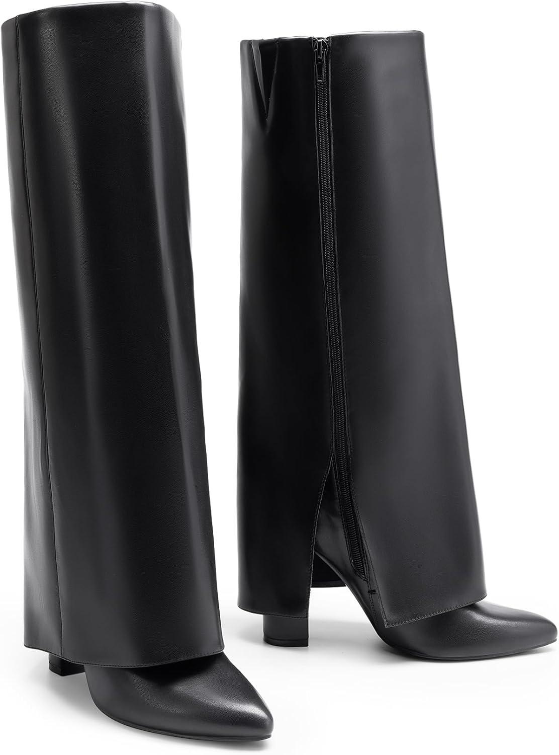 imageDREAM PAIRS Womens Knee High Boots Fold Over Chunky High Heels Long Boots Zipper Pointed Toe Dress Tall Boots Party Fashion Boots