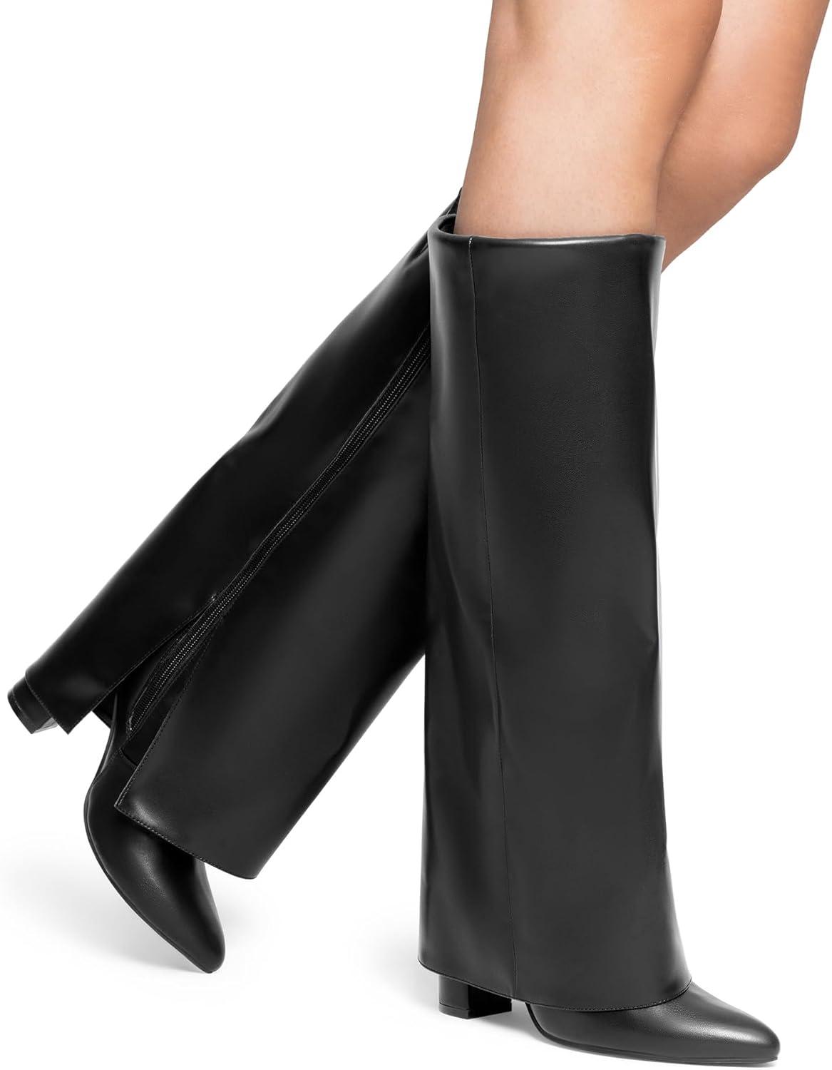 imageDREAM PAIRS Womens Knee High Boots Fold Over Chunky High Heels Long Boots Zipper Pointed Toe Dress Tall Boots Party Fashion Boots