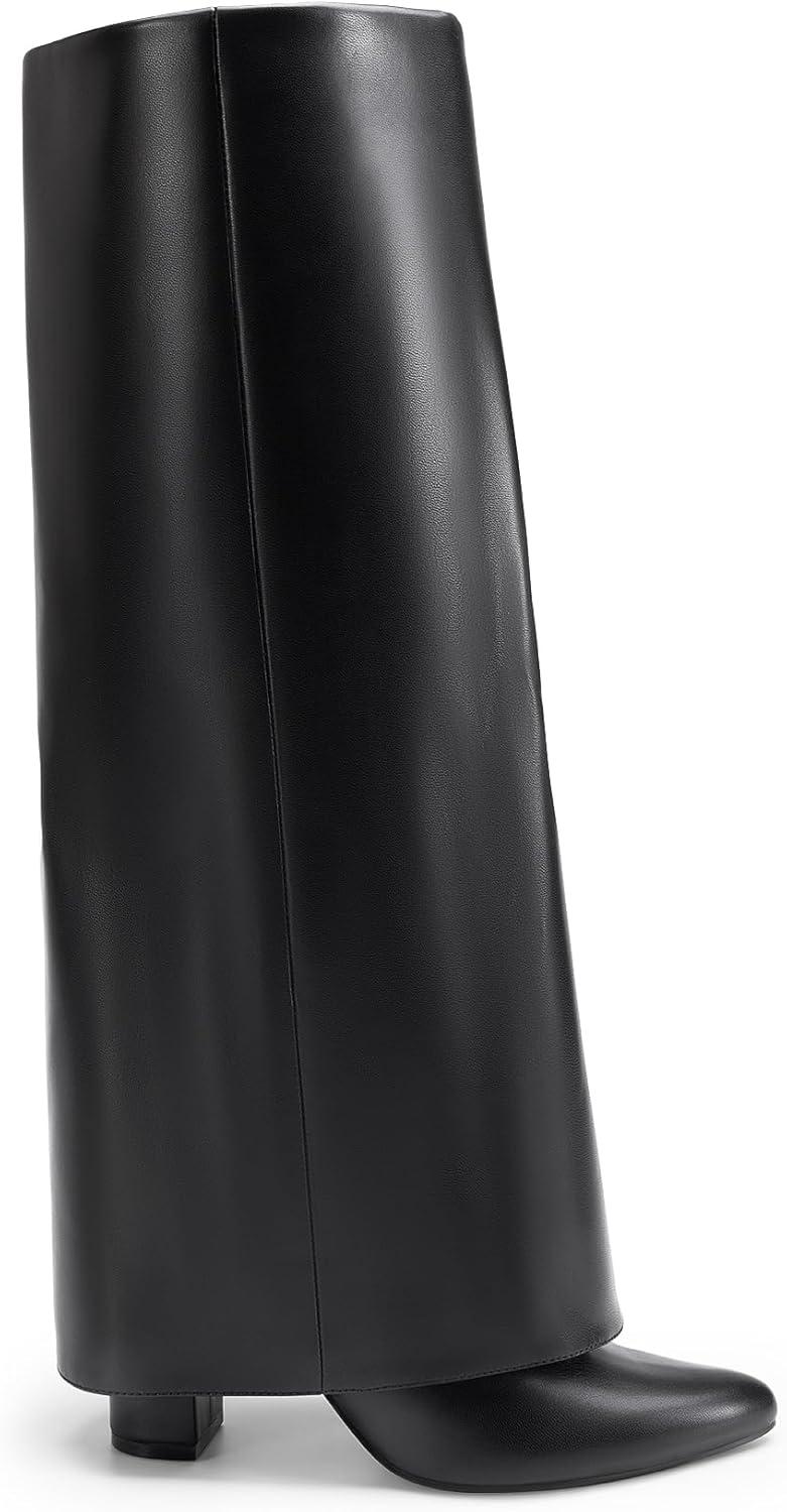 imageDREAM PAIRS Womens Knee High Boots Fold Over Chunky High Heels Long Boots Zipper Pointed Toe Dress Tall Boots Party Fashion Boots