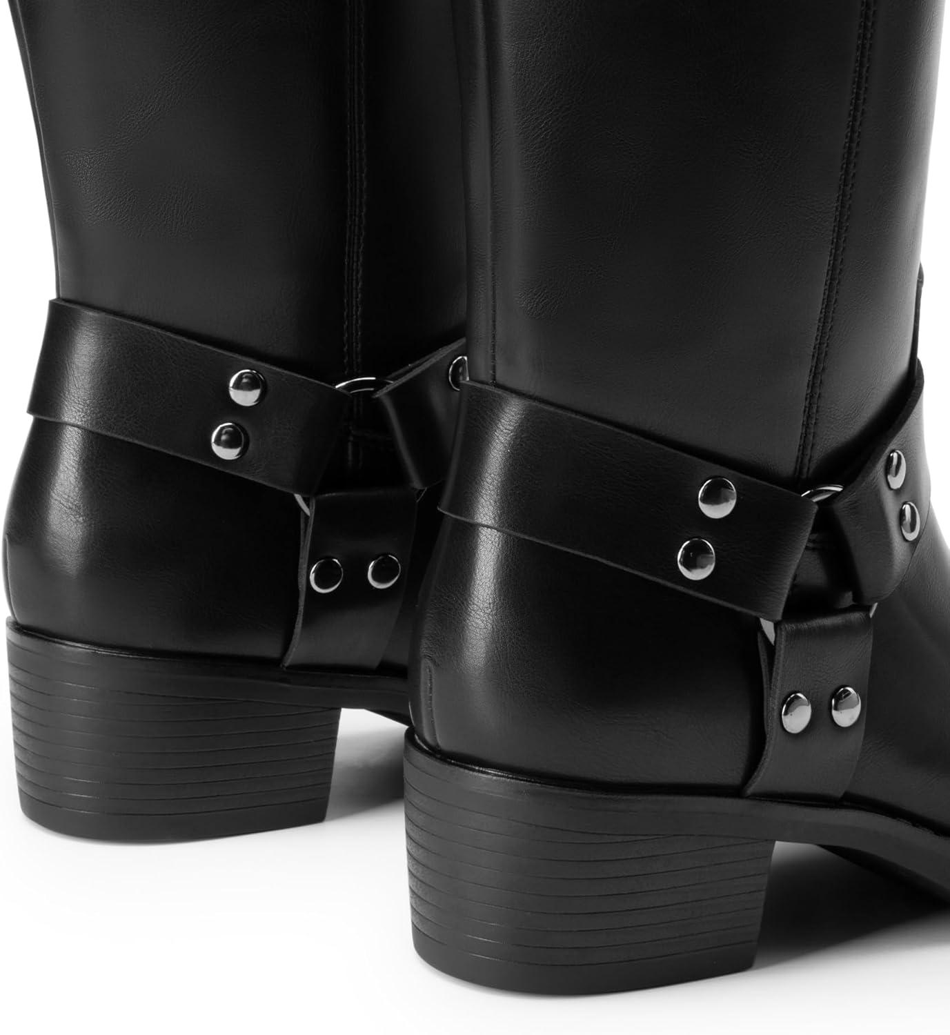 imageDREAM PAIRS Womens Knee High Boots Motorcycle Riding Pullon Fashion Long Square Toe Buckle Biker Boots for WomenBlack