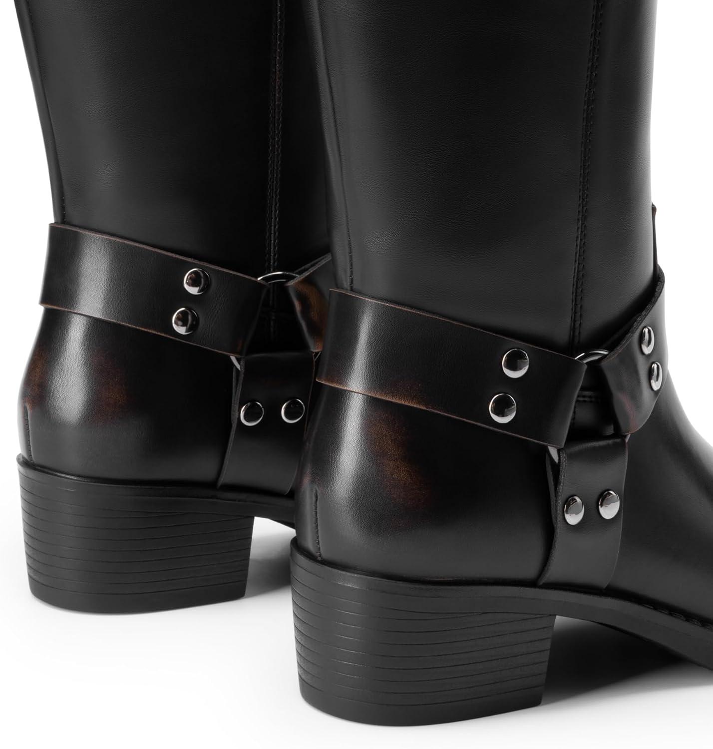 imageDREAM PAIRS Womens Knee High Boots Motorcycle Riding Pullon Fashion Long Square Toe Buckle Biker Boots for WomenBlackBrown