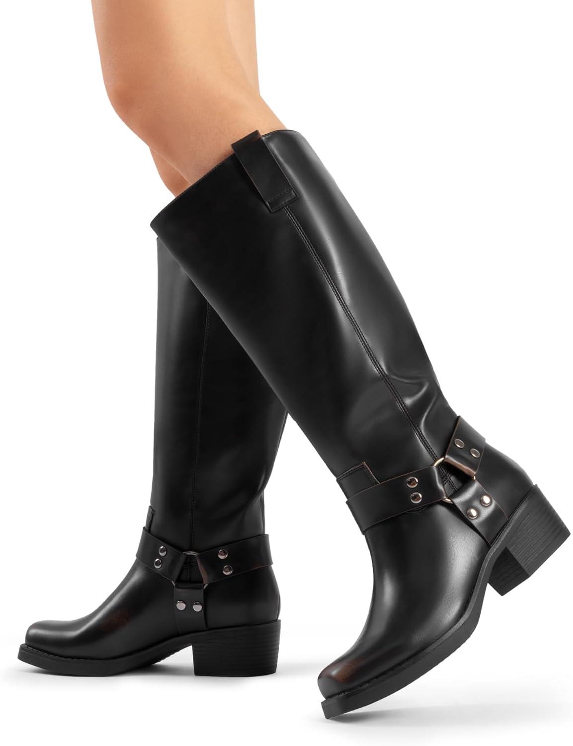 imageDREAM PAIRS Womens Knee High Boots Motorcycle Riding Pullon Fashion Long Square Toe Buckle Biker Boots for WomenBlackBrown