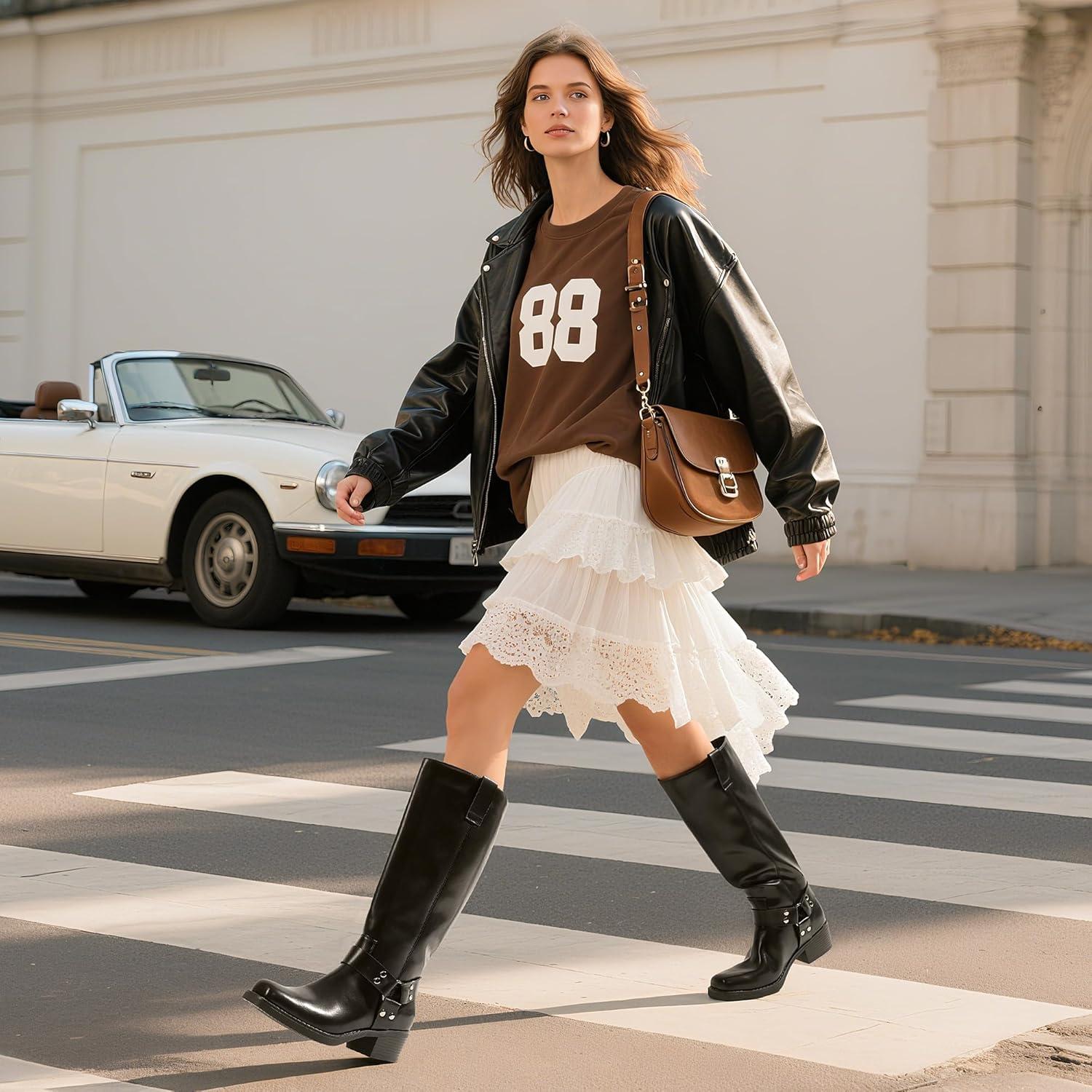 imageDREAM PAIRS Womens Knee High Boots Motorcycle Riding Pullon Fashion Long Square Toe Buckle Biker Boots for WomenBlackBrown