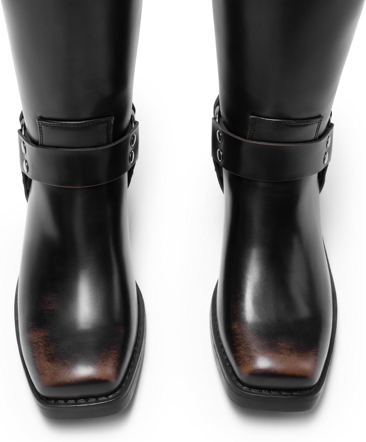 imageDREAM PAIRS Womens Knee High Boots Motorcycle Riding Pullon Fashion Long Square Toe Buckle Biker Boots for WomenBlackBrown