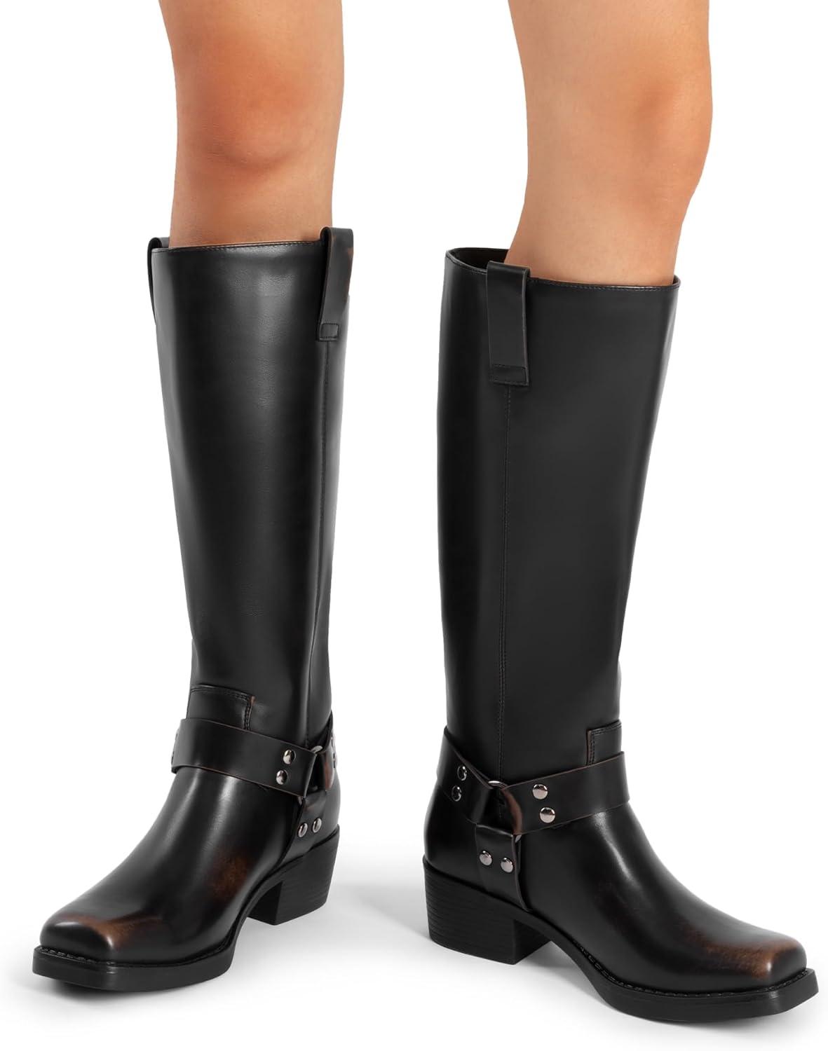 imageDREAM PAIRS Womens Knee High Boots Motorcycle Riding Pullon Fashion Long Square Toe Buckle Biker Boots for WomenBlackBrown