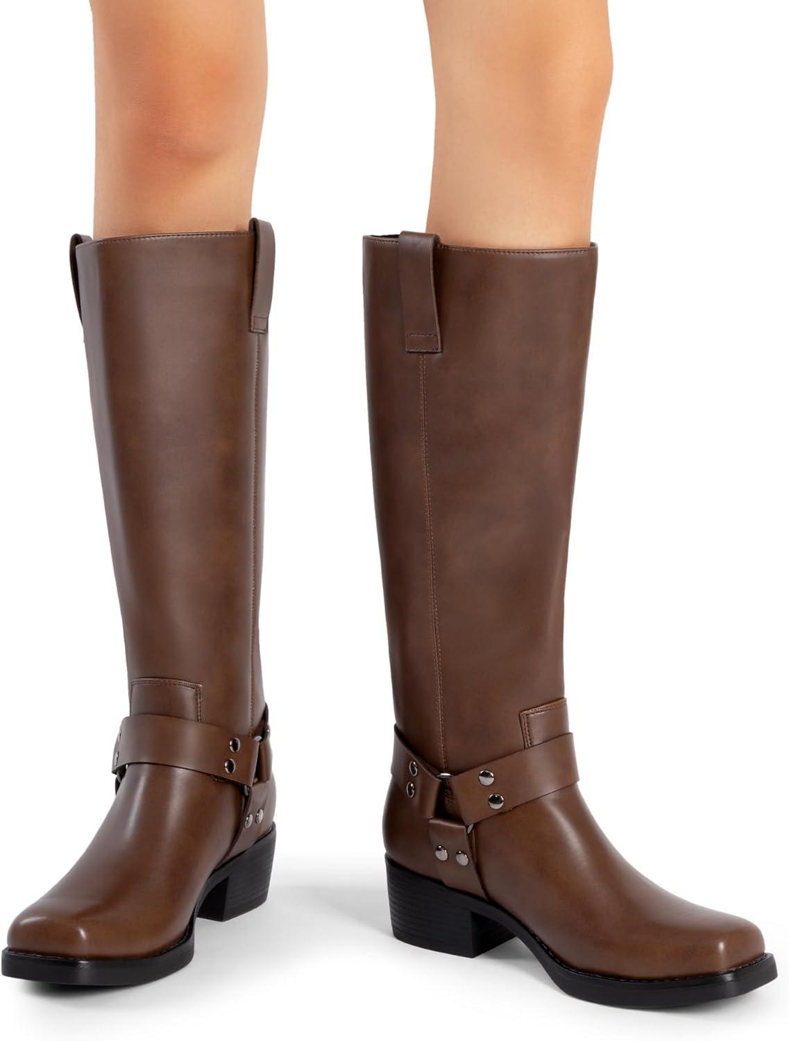 imageDREAM PAIRS Womens Knee High Boots Motorcycle Riding Pullon Fashion Long Square Toe Buckle Biker Boots for WomenTan