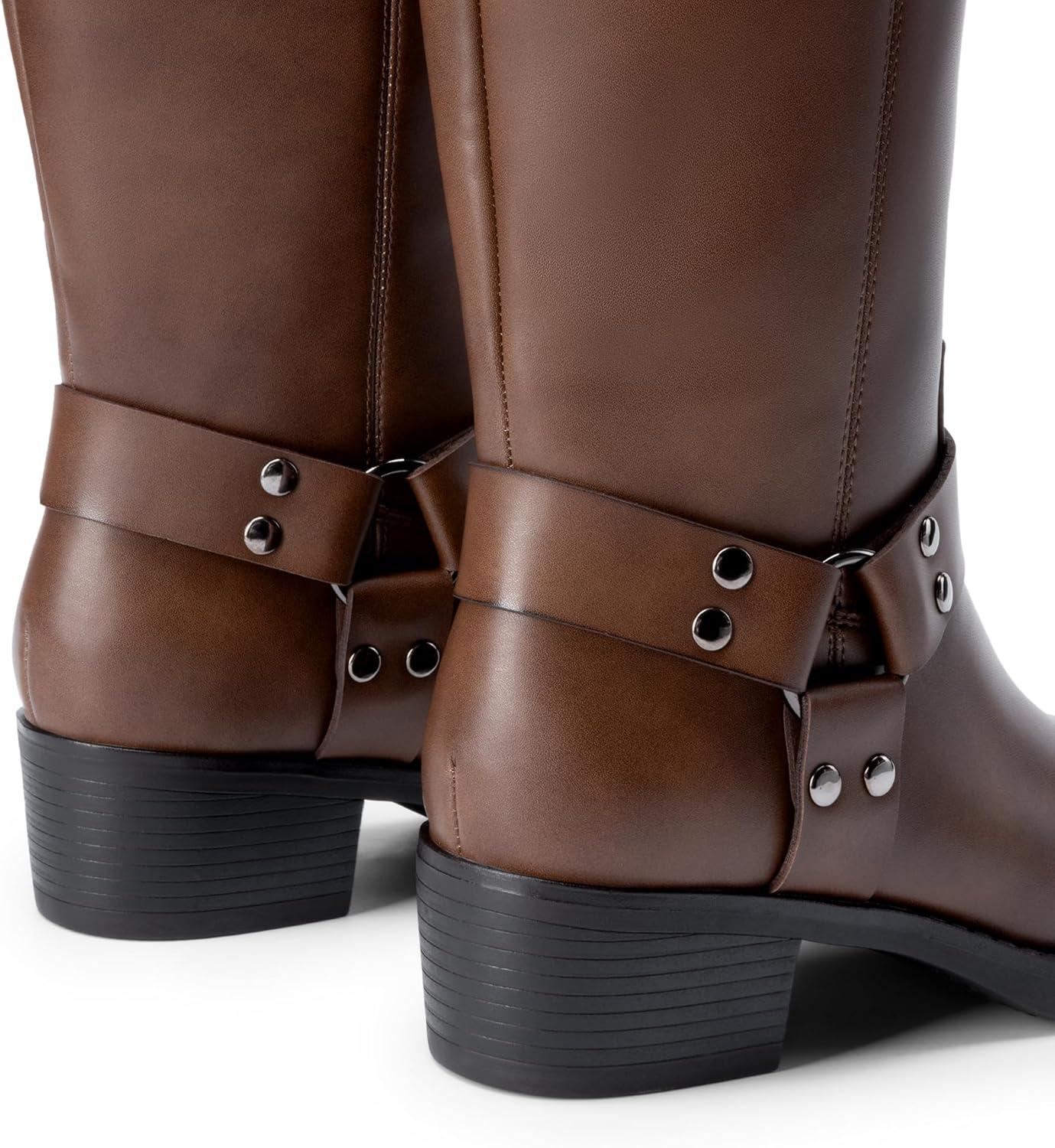 imageDREAM PAIRS Womens Knee High Boots Motorcycle Riding Pullon Fashion Long Square Toe Buckle Biker Boots for WomenTan