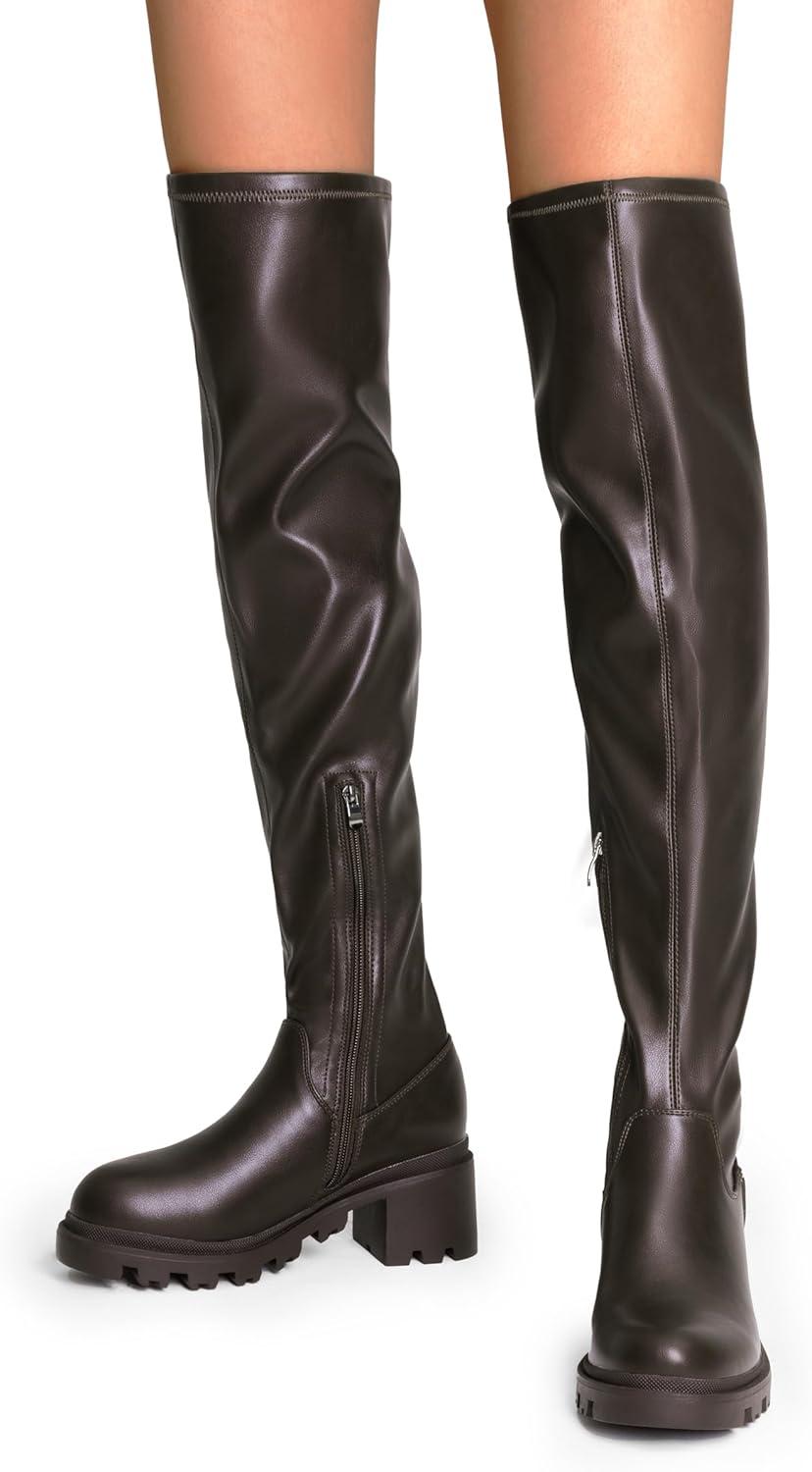 imageDREAM PAIRS Womens Knee High Boots Platform Over The Knee High Chunky Heel Fashion Boots for WomenBrownpu