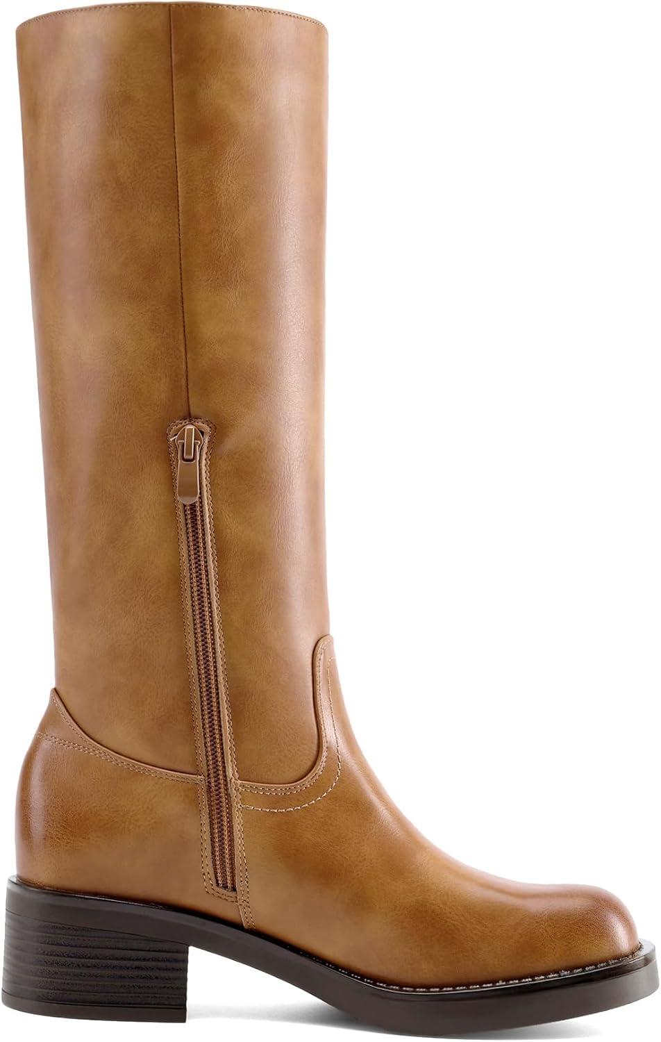 imageDREAM PAIRS Womens Knee High Boots Square Toe Platform Chunky Block Heel Banana Campus Boots for Women Comfortable Low Heel Side Zipper Womens Riding Tall BootsTan