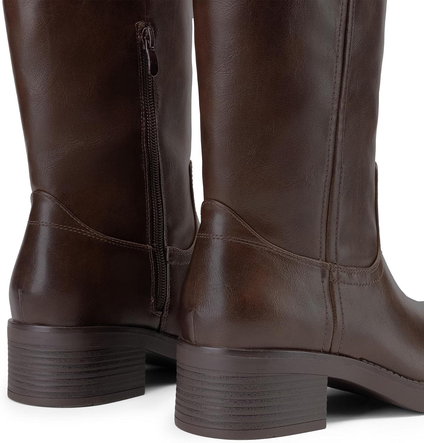 imageDREAM PAIRS Womens Knee High Boots Square Toe Platform Chunky Block Heel Banana Campus Boots for Women Comfortable Low Heel Side Zipper Womens Riding Tall BootsDark Brown