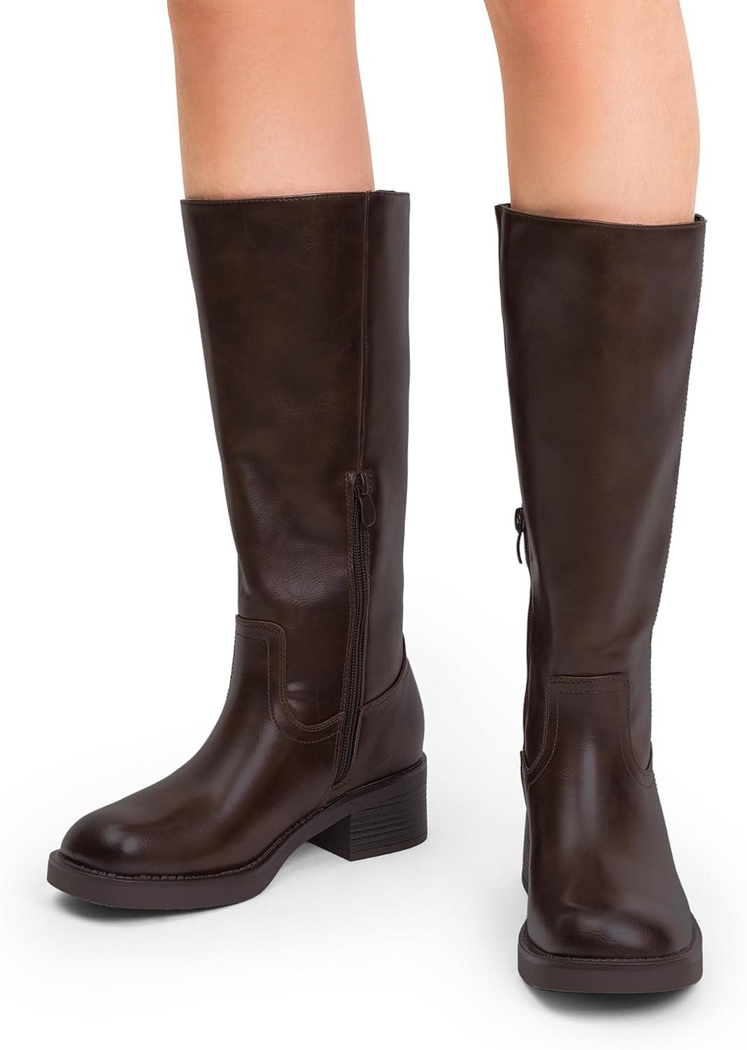 imageDREAM PAIRS Womens Knee High Boots Square Toe Platform Chunky Block Heel Banana Campus Boots for Women Comfortable Low Heel Side Zipper Womens Riding Tall BootsDark Brown