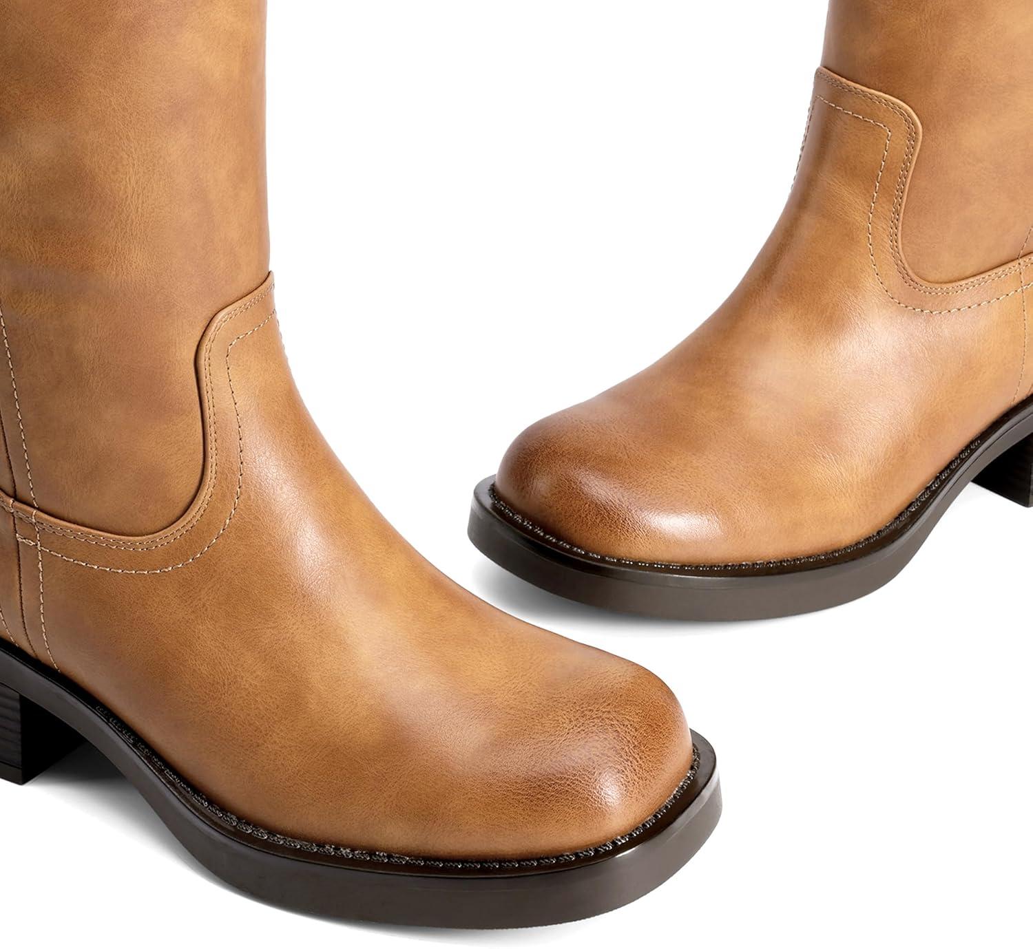 imageDREAM PAIRS Womens Knee High Boots Square Toe Platform Chunky Block Heel Banana Campus Boots for Women Comfortable Low Heel Side Zipper Womens Riding Tall BootsTan