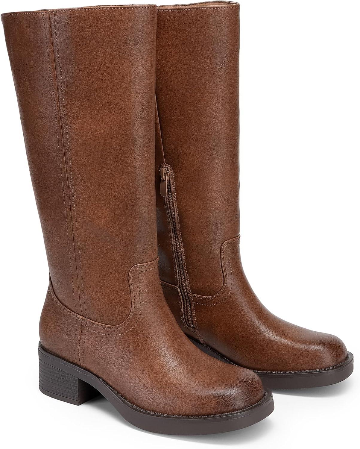 imageDREAM PAIRS Womens Knee High Boots Square Toe Platform Chunky Block Heel Banana Campus Boots for Women Comfortable Low Heel Side Zipper Womens Riding Tall BootsLight Brown