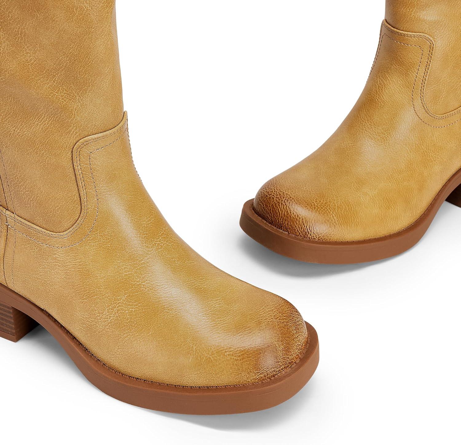 imageDREAM PAIRS Womens Knee High Boots Square Toe Platform Chunky Block Heel Banana Campus Boots for Women Comfortable Low Heel Side Zipper Womens Riding Tall BootsYellow